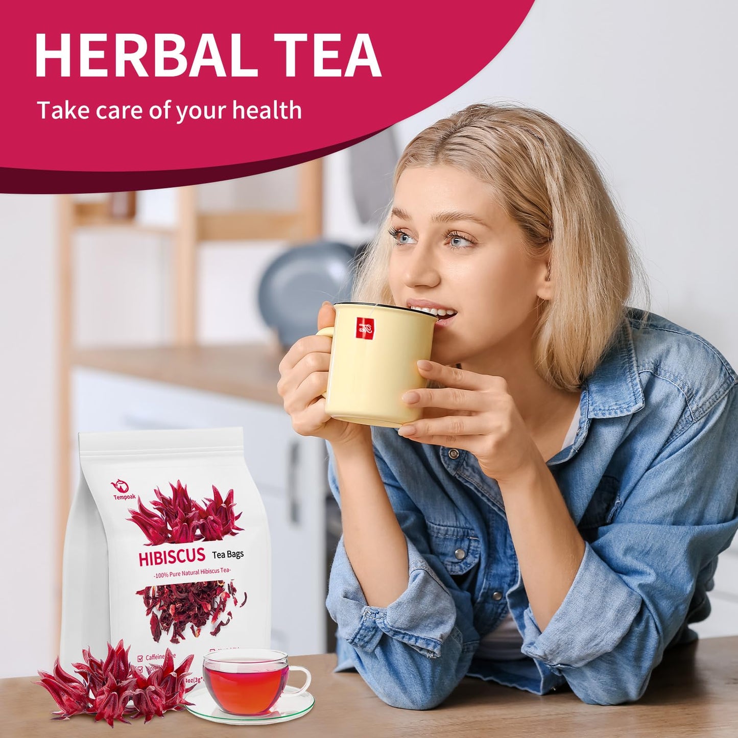 Tempoak Hibiscus Flowers Tea Bags - 60 Bags, Pure & Natural, Herbal, Caffeine-Free, Non-GMO, No Additives, No Sugar, Gluten-Free