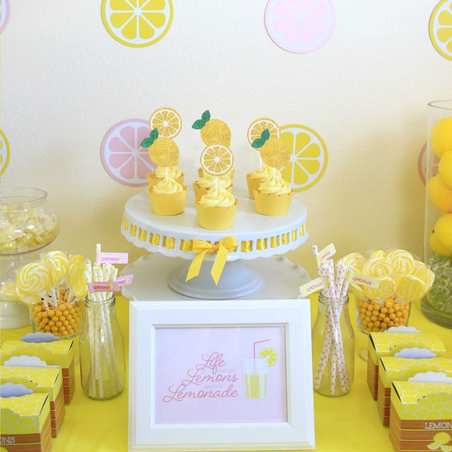 Oskal 24Pcs Glitter Lemon Cupcake Toppers Fruits Theme Party, Lemonade Party Decor, Summer Cupcake Toppers, Main Squeeze Party D