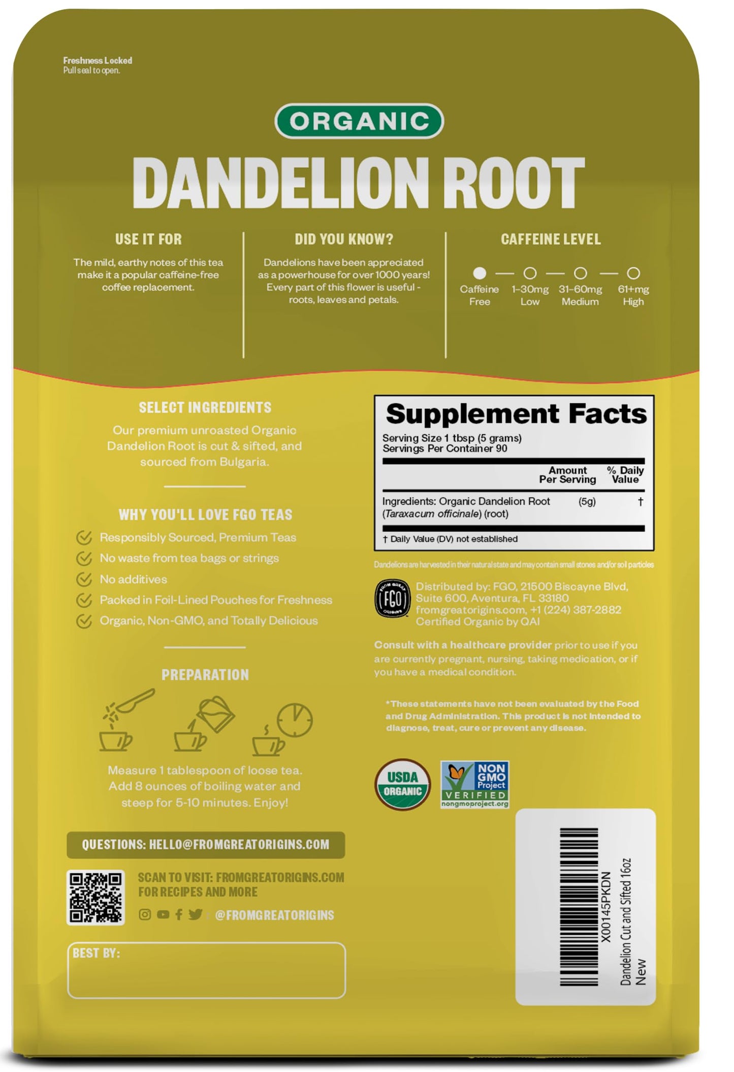 Fgo Organic Dandelion Root Loose Tea, Cut And Sifted, Caffeine Free, 16Oz Bulk Resealable Bag, Packaging May Vary (Pack Of 1)