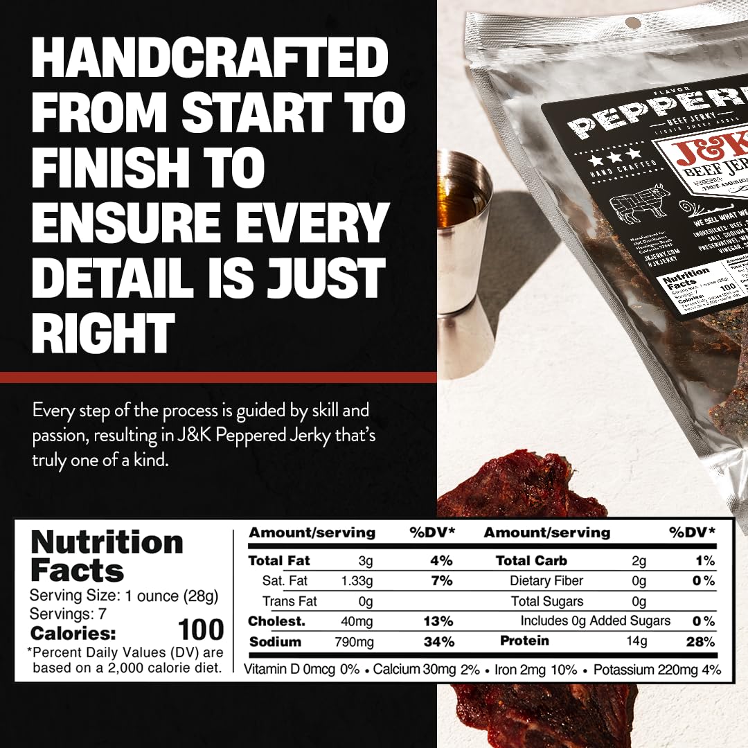 J&K Jerky Small Batch Handcrafted Beef Jerky (7Oz, Peppered)