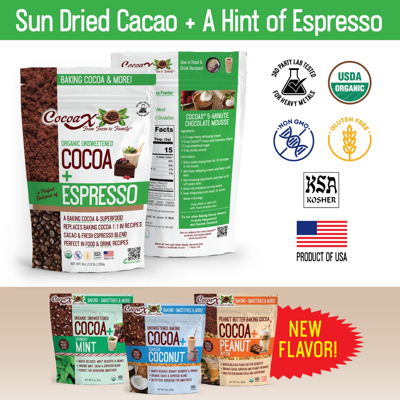 Organic Raw Unsweetened cocoa + Espresso Powder - 8oz Non-gMO Kosher Ideal for Baking Smoothies coffee (chocolate and Espresso 8