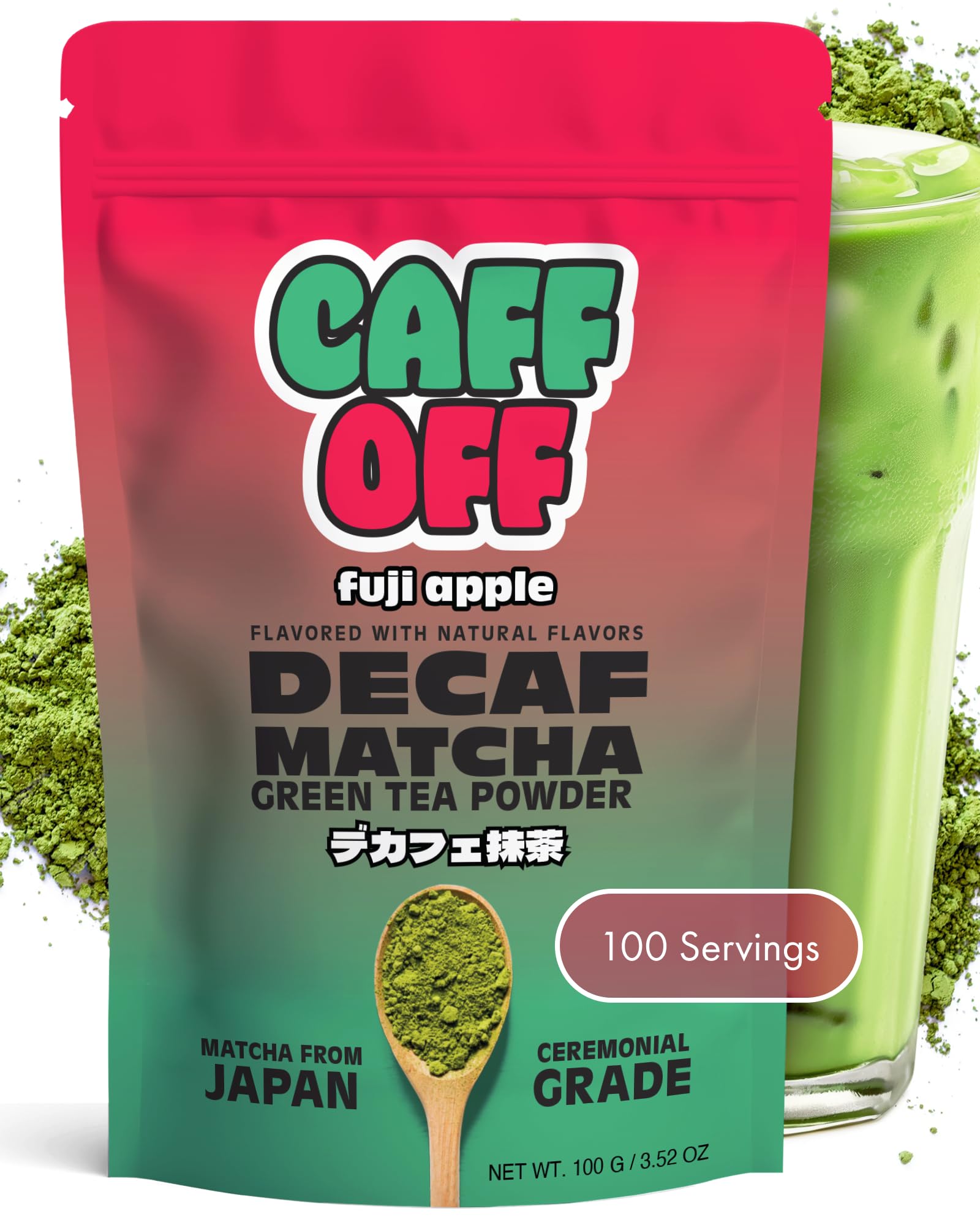 Caff Off Decaf Apple Matcha Green Tea Powder – Ceremonial Grade, Sugar-Free, Naturally Decaffeinated – 3.52 oz / 100 g