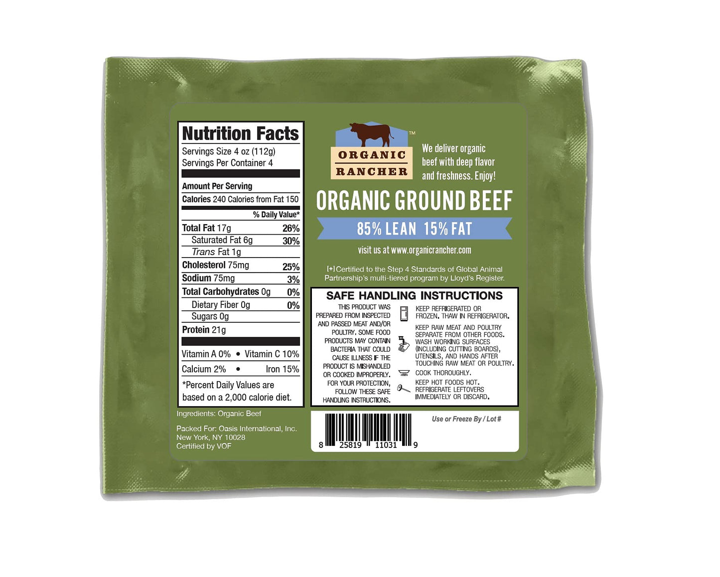 Organic Rancher, Organic Ground Beef 85% Lean/15% Fat, 16 Ounce