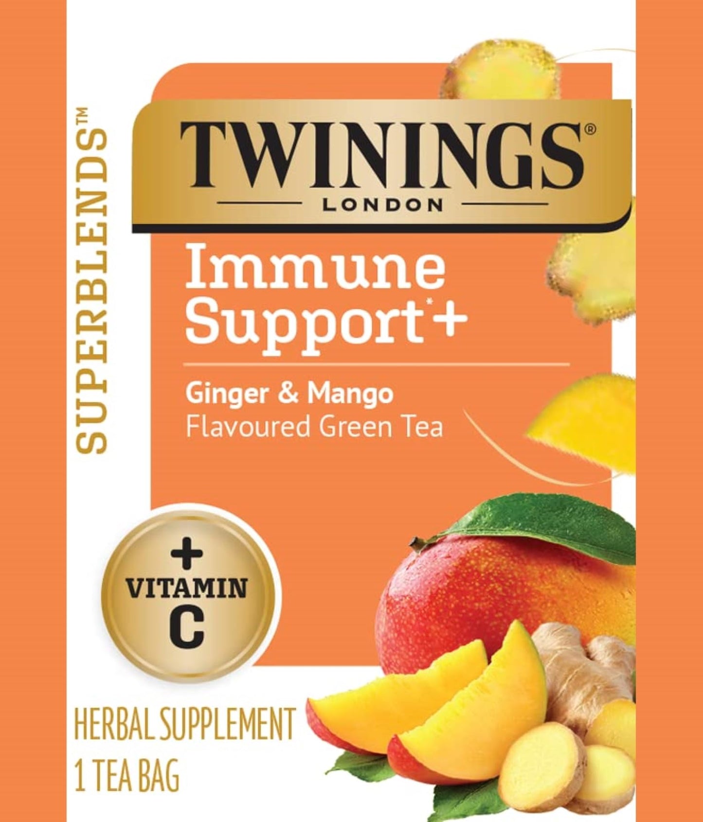 Twinings Superblends Immune Support+ Herbal Tea With Vitamin C, Ginger & Mango Flavoured Green Tea, 16 Tea Bags (Pack Of 1), Enj