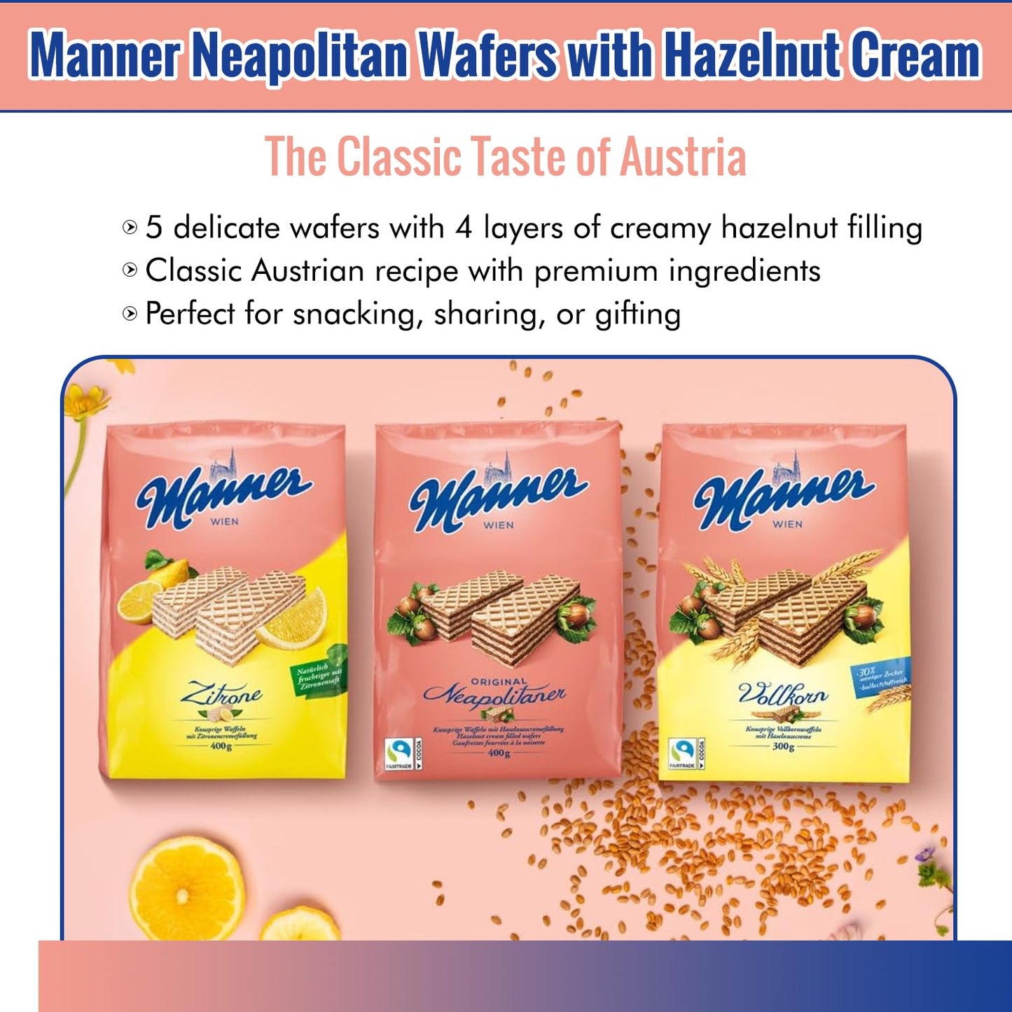 Manner Original Neapolitan Wafers - Delicious Hazelnut Wafers With Creamy Hazelnut Filling For Ideal Snack - Enjoy Healthy Snack