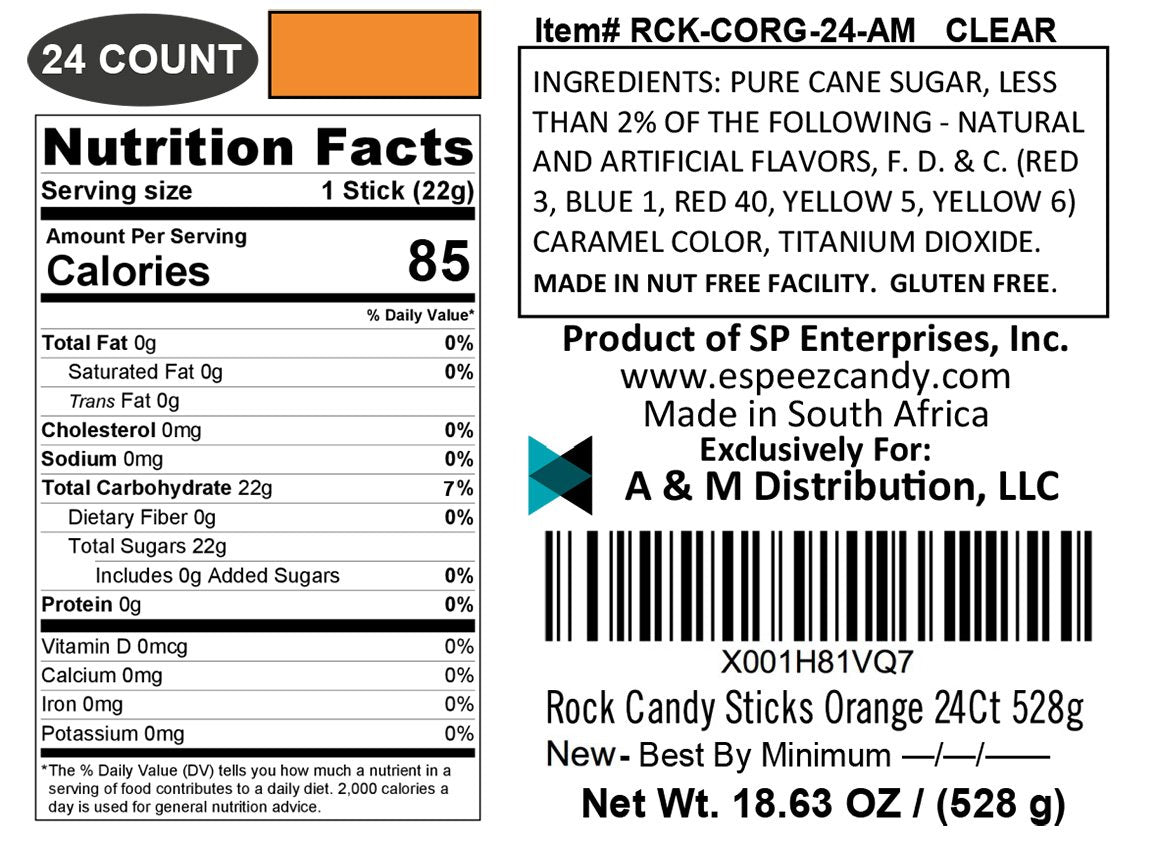Espeez Extra Large Rock Candy Sticks, 24 Count, Orange, Individually Wrapped for Party Favors and Candy Buffets