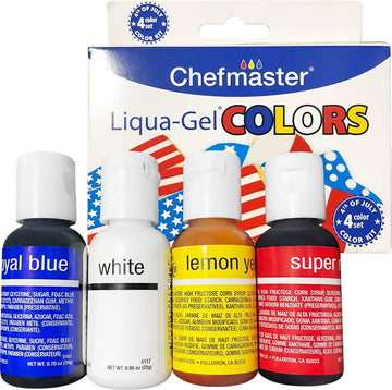 Chefmaster Liqua-Gel Food Coloring 4-Bottle Set, 0.7 oz Each, Vibrant Red, Blue, Yellow, White, Professional-Grade, Made in USA