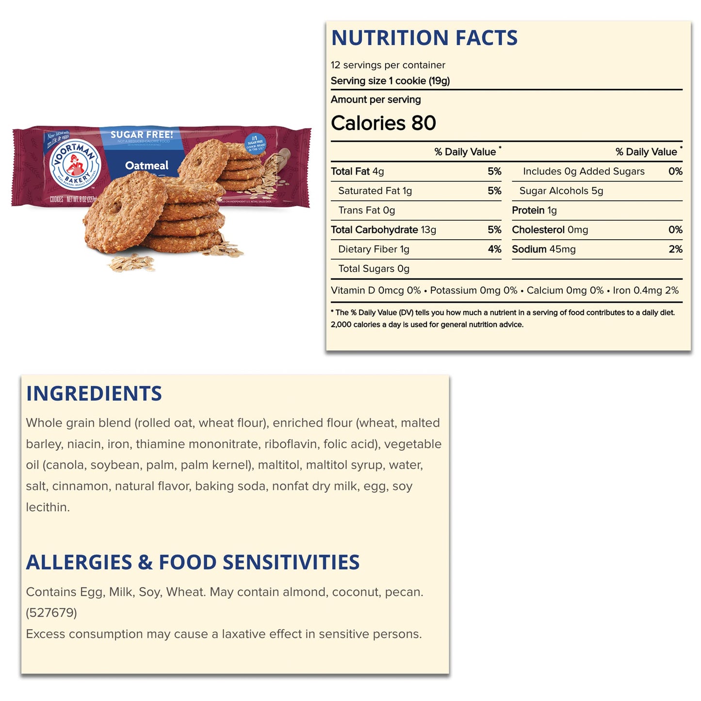 Voortman Sugar Free Cookies - Variety Pack - Oatmeal (1, 8Oz Packs) - Iced Almonette (1, 8Oz) - Pecan Shortbread (1, 8Oz) - Made