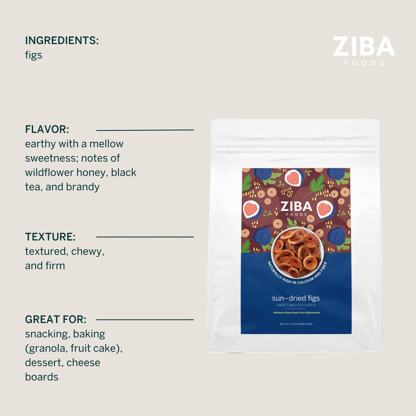 Ziba Foods Sun Dried Figs | 2.2 Lbs | No Sugar Added Non-Gmo, Gluten Free Dried Fig Snack | Vegan Figs Dried Fruit Easy To Seal