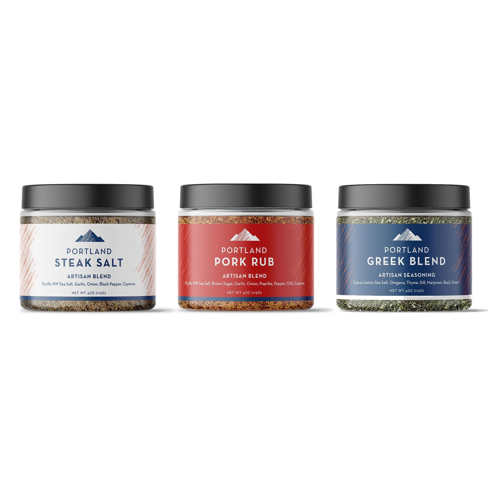 Portland Salt Co. Grilling Spice Blends - Steak Salt, Pork Rub, Greek Seasoning - 9.94 oz Variety Gift Set