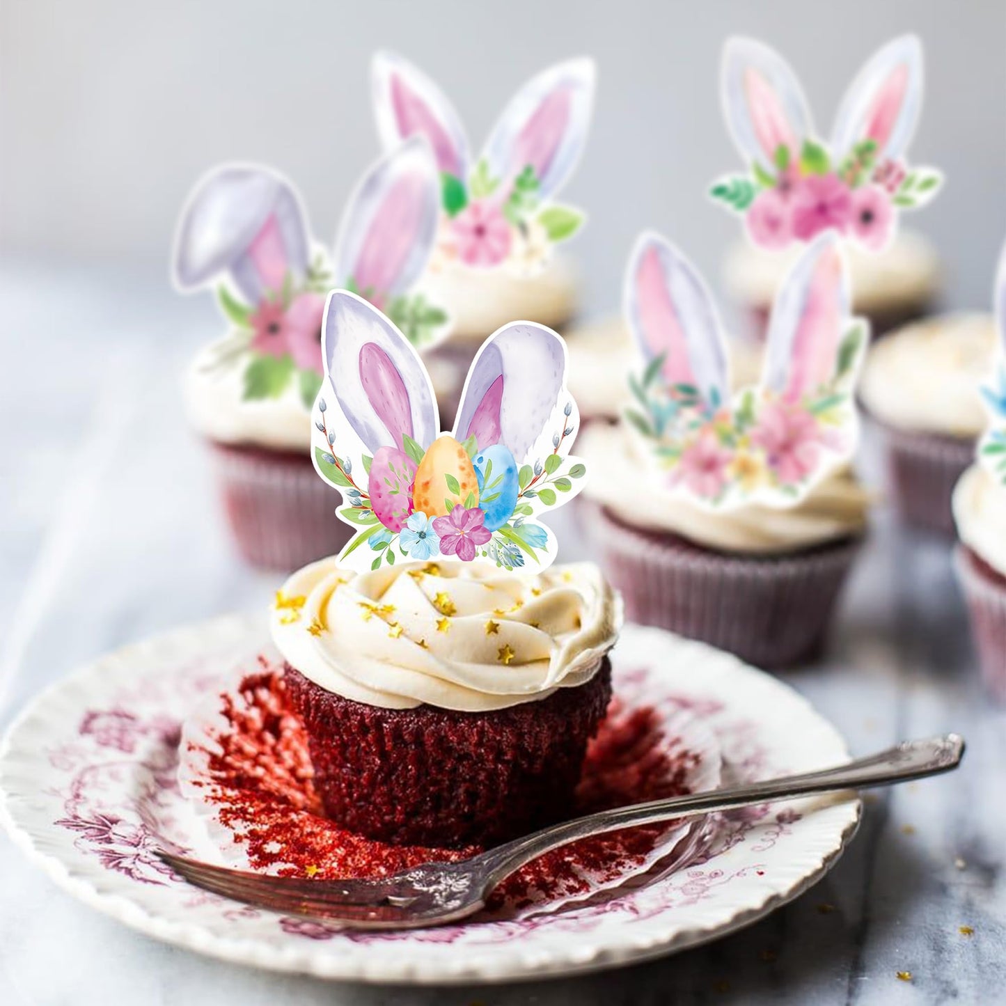 42Pcs Edible Easter Bunny Ear Cupcake Toppers Wafer Paper Happy Easter Cake Picks Easter Theme Birthday Party Spring Kids Cake D