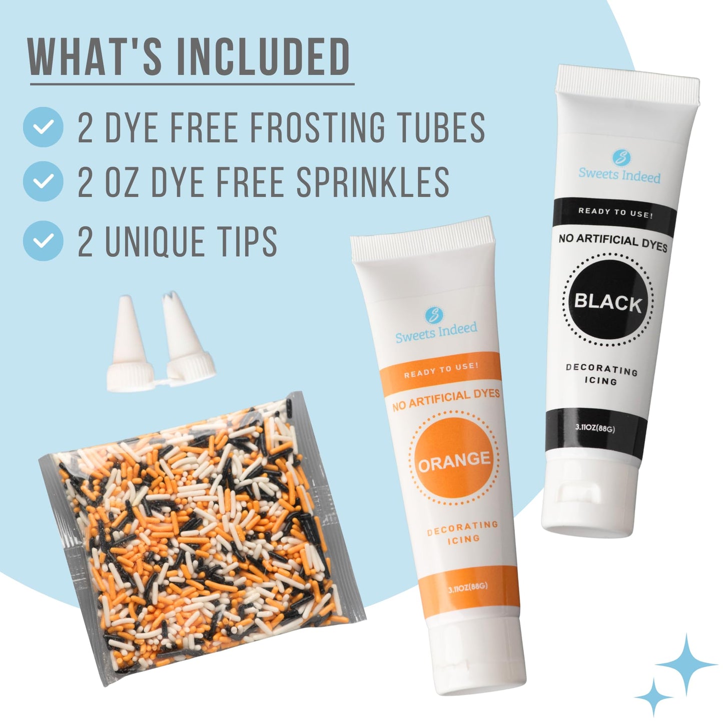 Sweets Indeed Dye-Free Halloween Frosting & Sprinkles Set - 8.22 oz | 2 Frosting Tubes (Orange & Black) + 2 Decorating Tips + 2 oz Sprinkle Mix (Black  Orange & White) | No Artificial Dyes Cupcake & Cookie Decorating Kit
