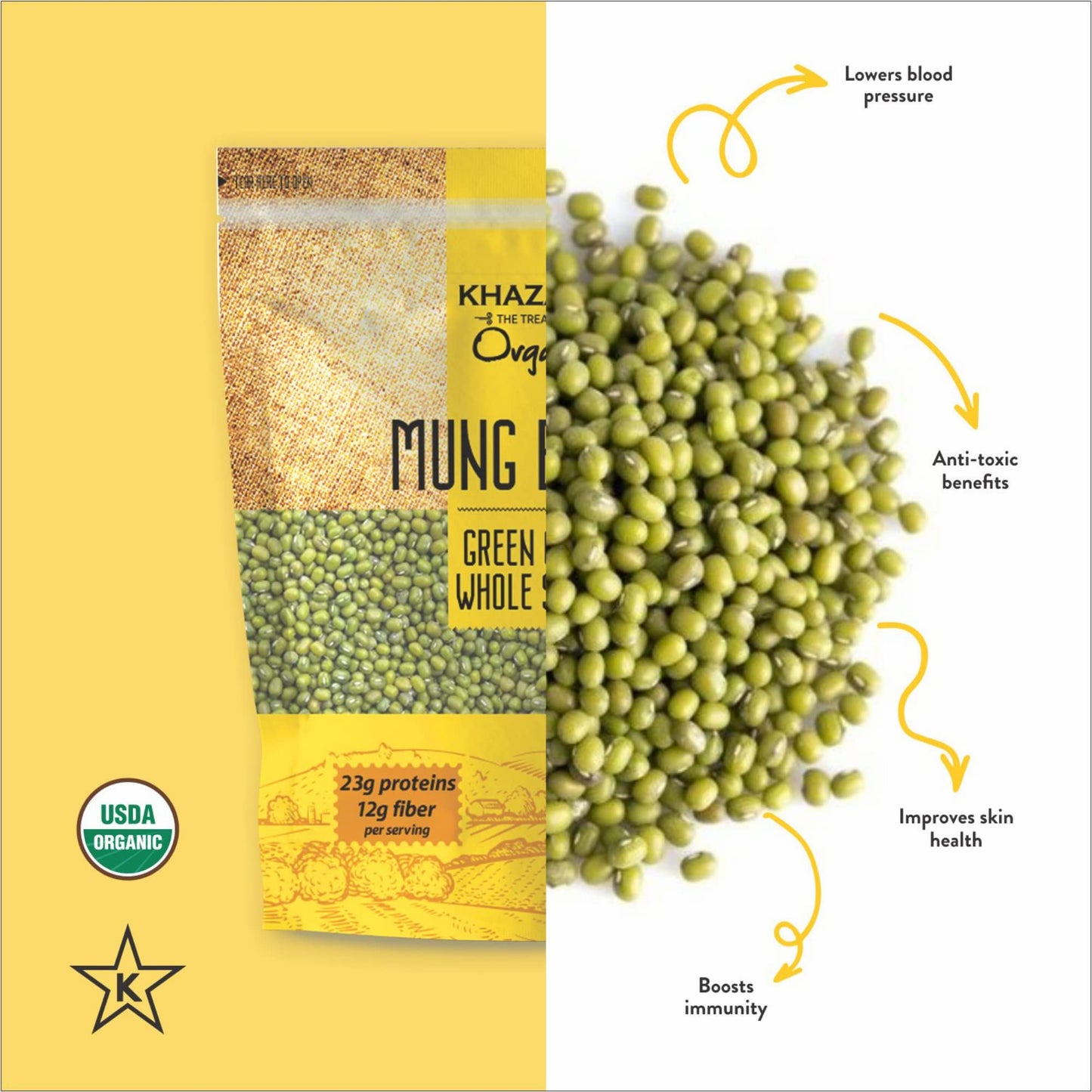 Khazana Organic Mung Beans - Green Gram Whole - 7lb - Non GMO, Gluten Free, Kosher - Authentic Lentils from India
