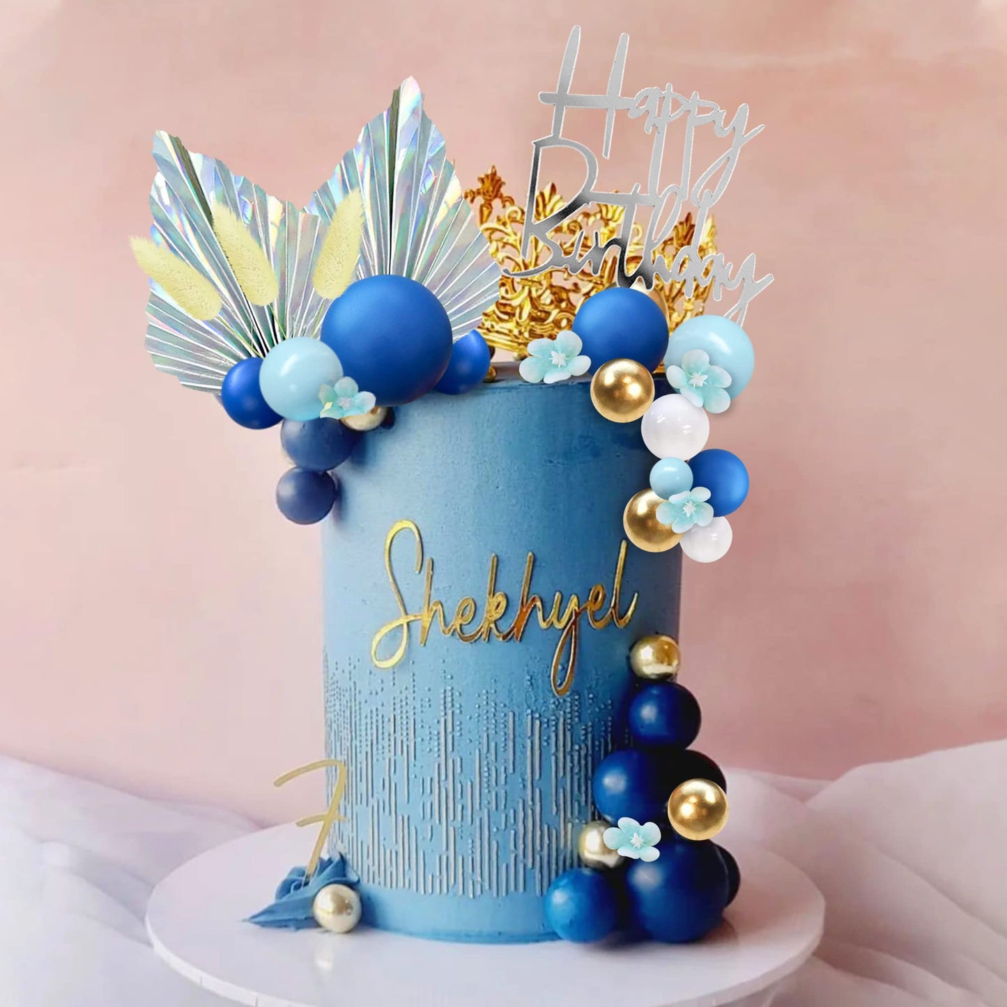 Flower Boho Cake Topper Ball Cake Decorations Navy Blue Balls Happy Birthday Boho Grass Cake Toppers For Wedding Baby Shower Bir