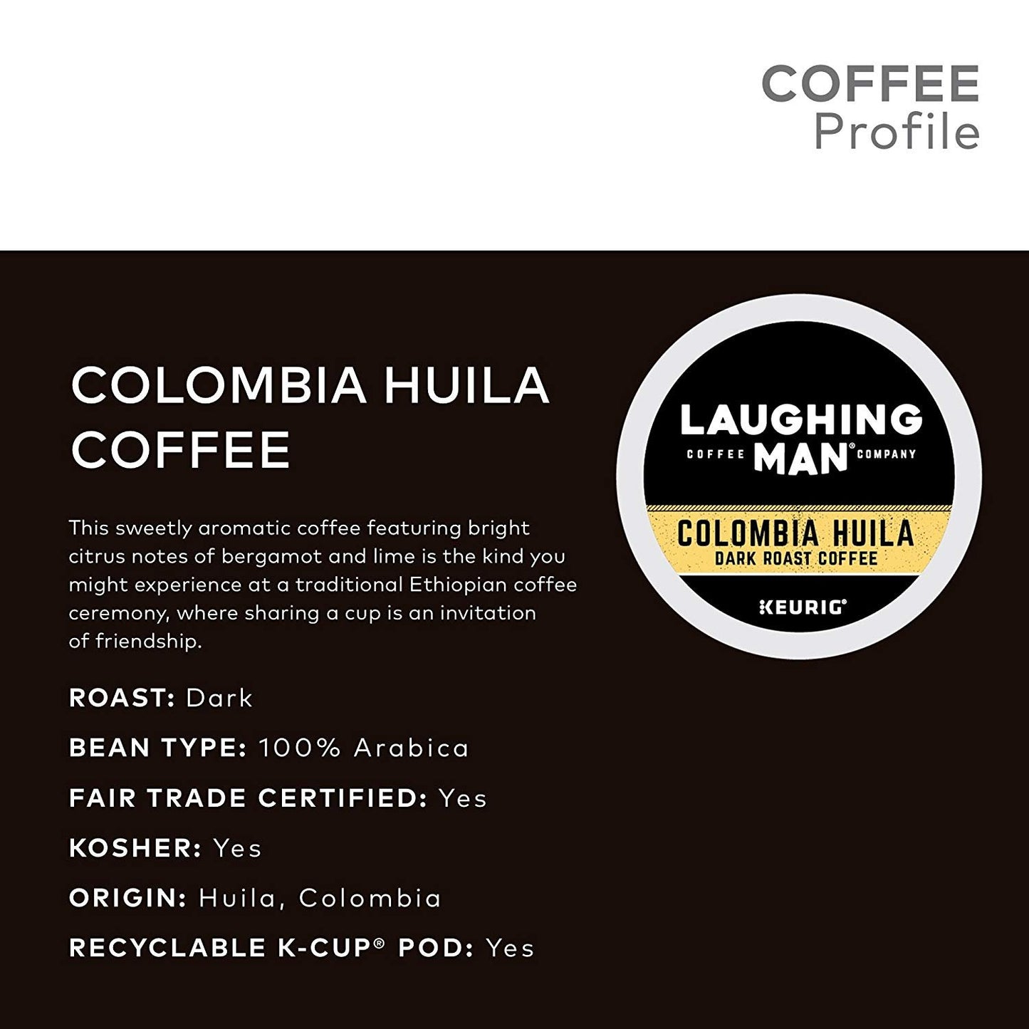 Laughing Man Colombia Huila Coffee K-Cups for Keurig, 16 Count, Single-Serve, Model SYNCHKG068930