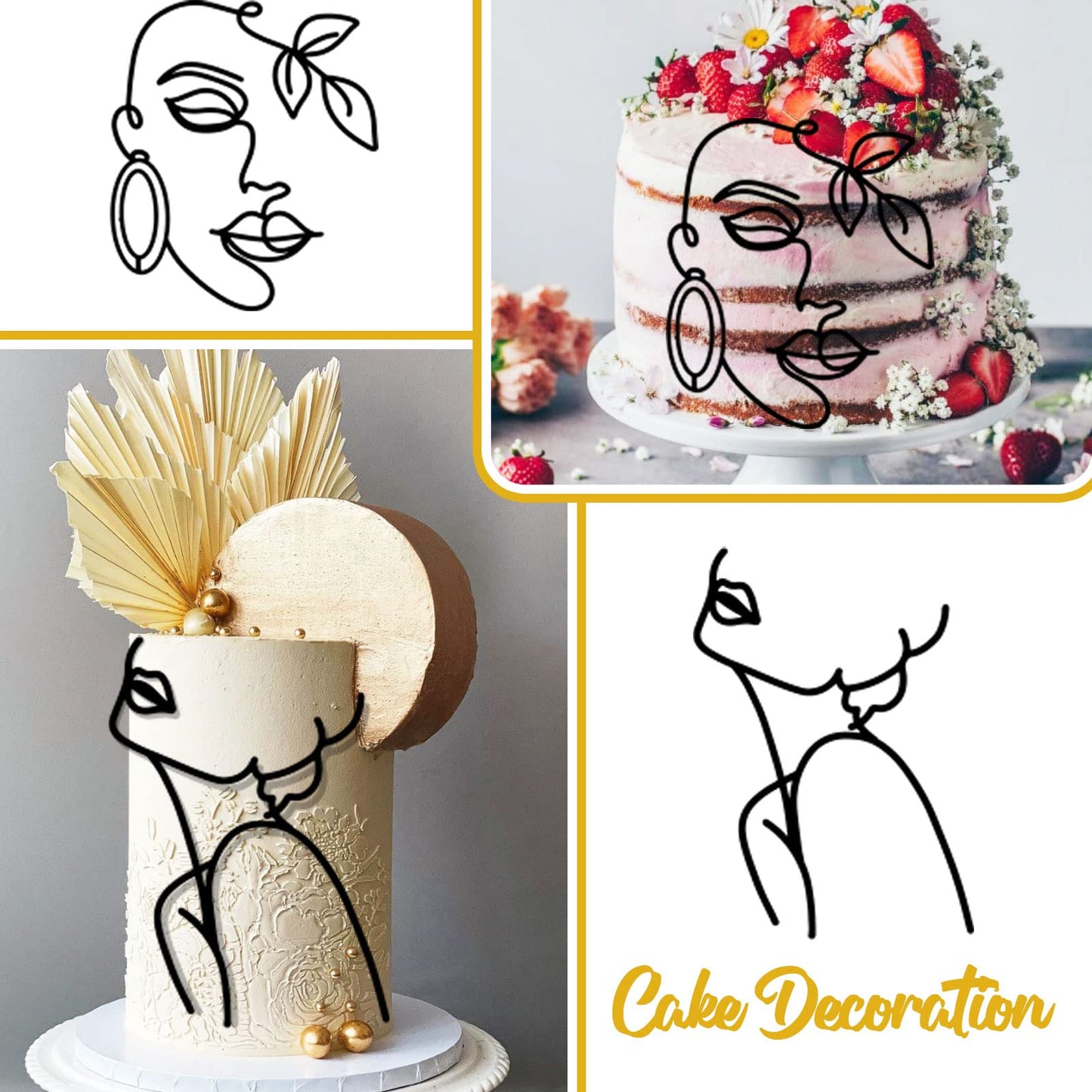 HSDSH Acrylic Cake Topper - 12 Pcs Lady Face Design for Wedding & Birthday Parties - Black, Model HSD-Facecake-12