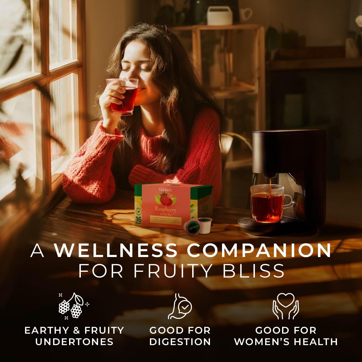 Gya Tea Co Raspberry Herbal Tea Pods - Decaf Wellness Tea, 16 Count, for Body Comfort and Relaxation