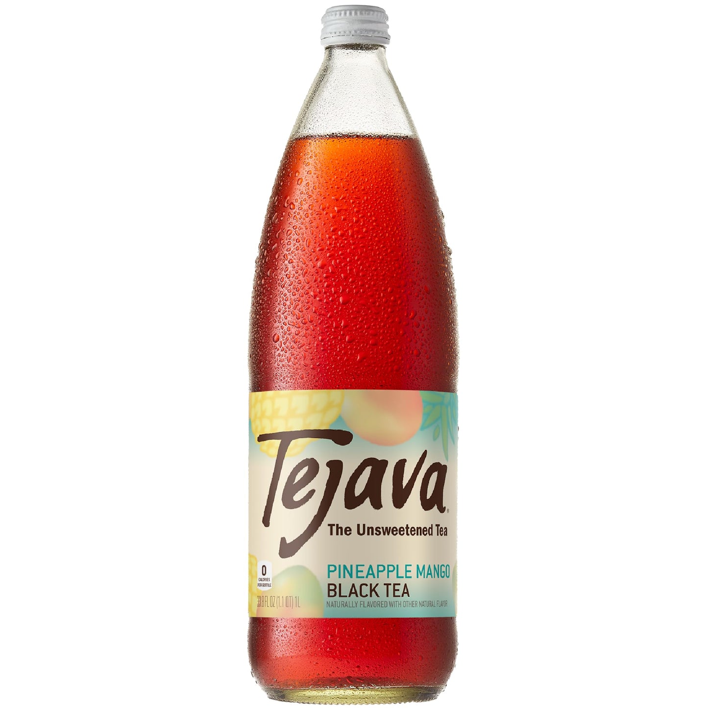 Tejava Pineapple Mango Black Iced Tea, Unsweetened, 12-Pack, 1 Liter Glass Bottles, Non-GMO, Kosher, No Sugar, No Calories