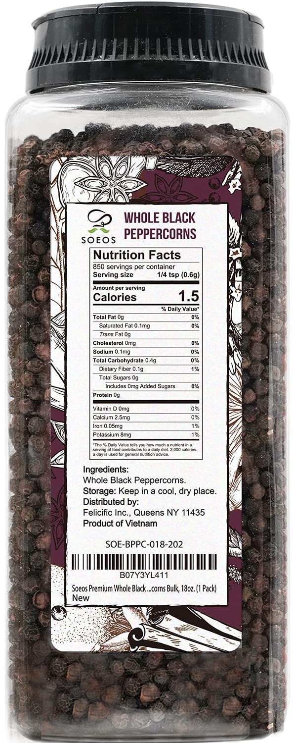 Soeos Black Peppercorns, 18Oz (Pack Of 1), Non-Gmo, Kosher, Packed To Keep Peppers Fresh, Peppercorn For Grinder Refill, Whole Peppercorns