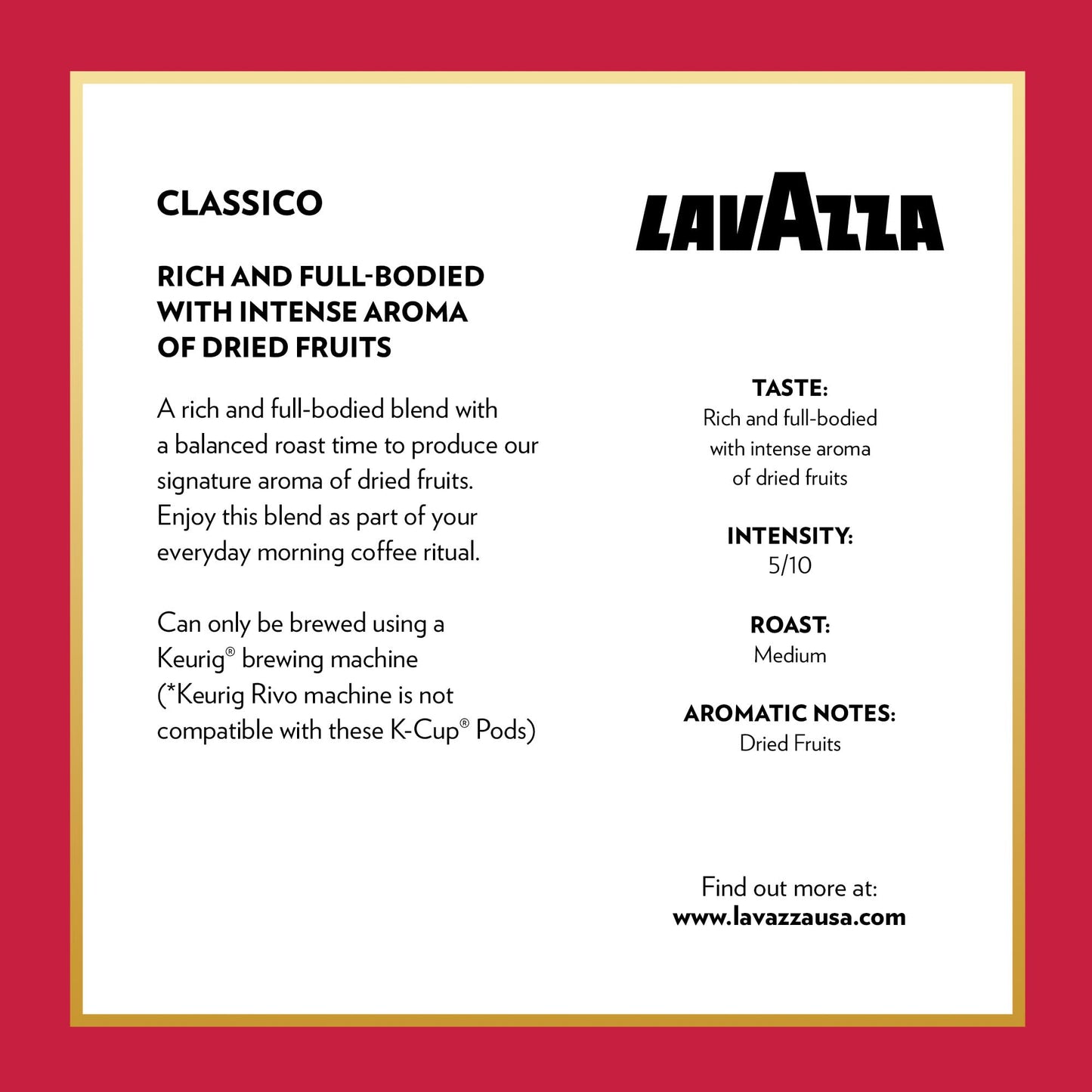 Lavazza Classico Medium Roast Coffee, Keurig K-Cups, 60 Count, 10 Count (Pack Of 6)