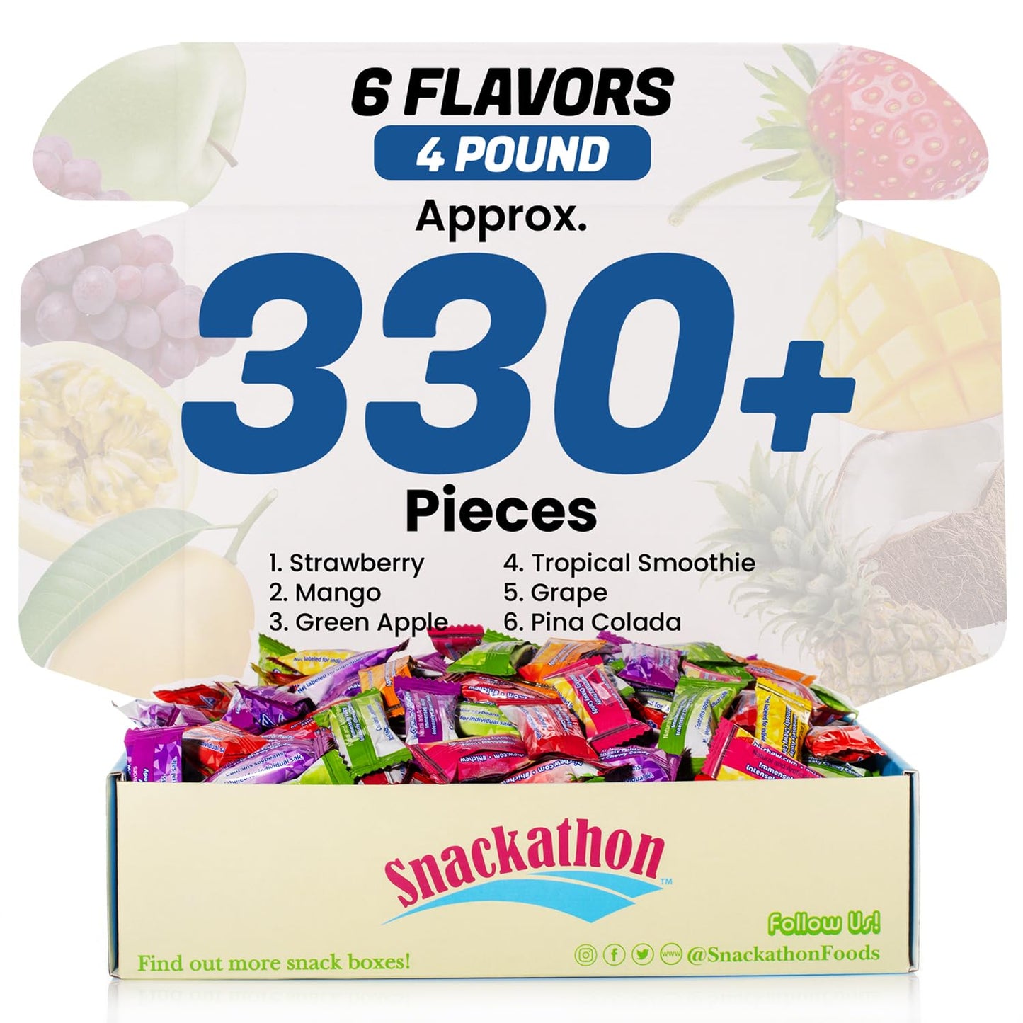 Fruit Chew 6 Flavors, Bulk 330+ Pieces, 4 Pound (Strawberry, Mango, Green Apple, Grape, Tropical Smoothie, Pina Colada) (6 Flavo
