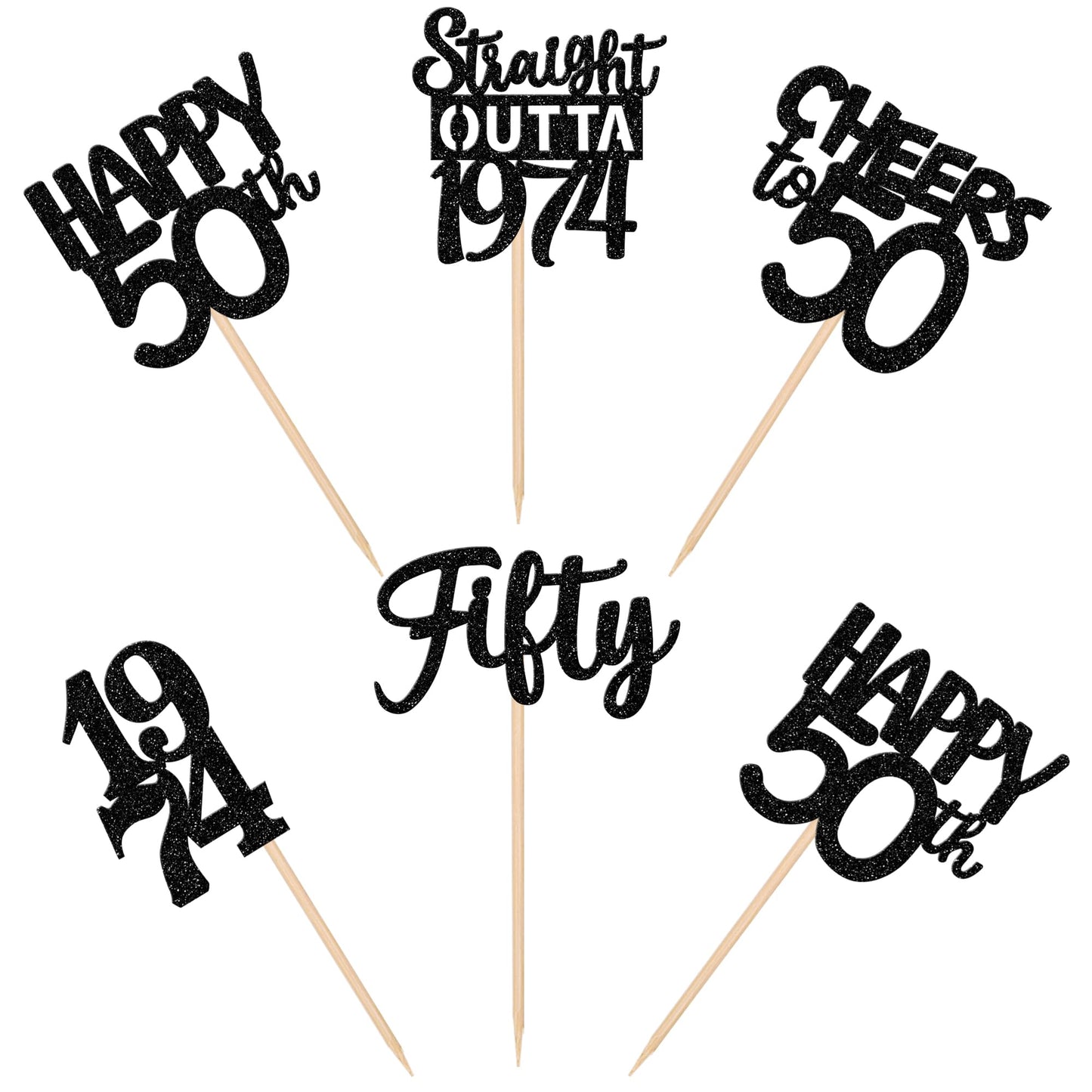 30Pcs Black 50Th Birthday Cupcake Toppers Glitter Fifty Happy 50Th Straight Outta 1974 Cupcake Picks For Cheers To 50 Years 50Th