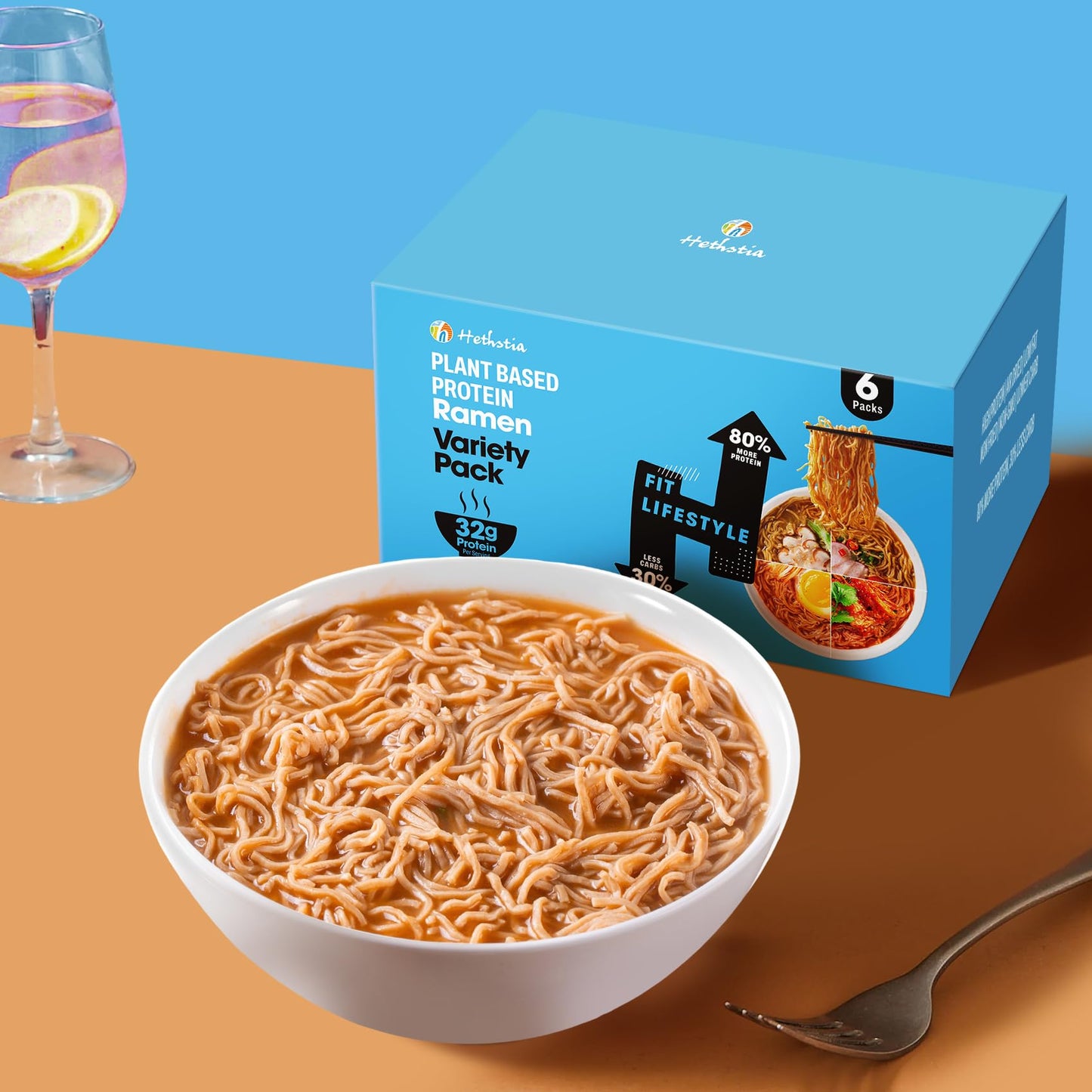 Hethstia High-Protein Ramen Variety Pack (Chicken  Beef  Spicy Kimchi  Spicy Curry)  6-Pack Instant Ramen Noodle Soup  32g Plant-Based Protein  Vegan  Non-GMO  Low Fat  Pre-Packaged Quick Meal