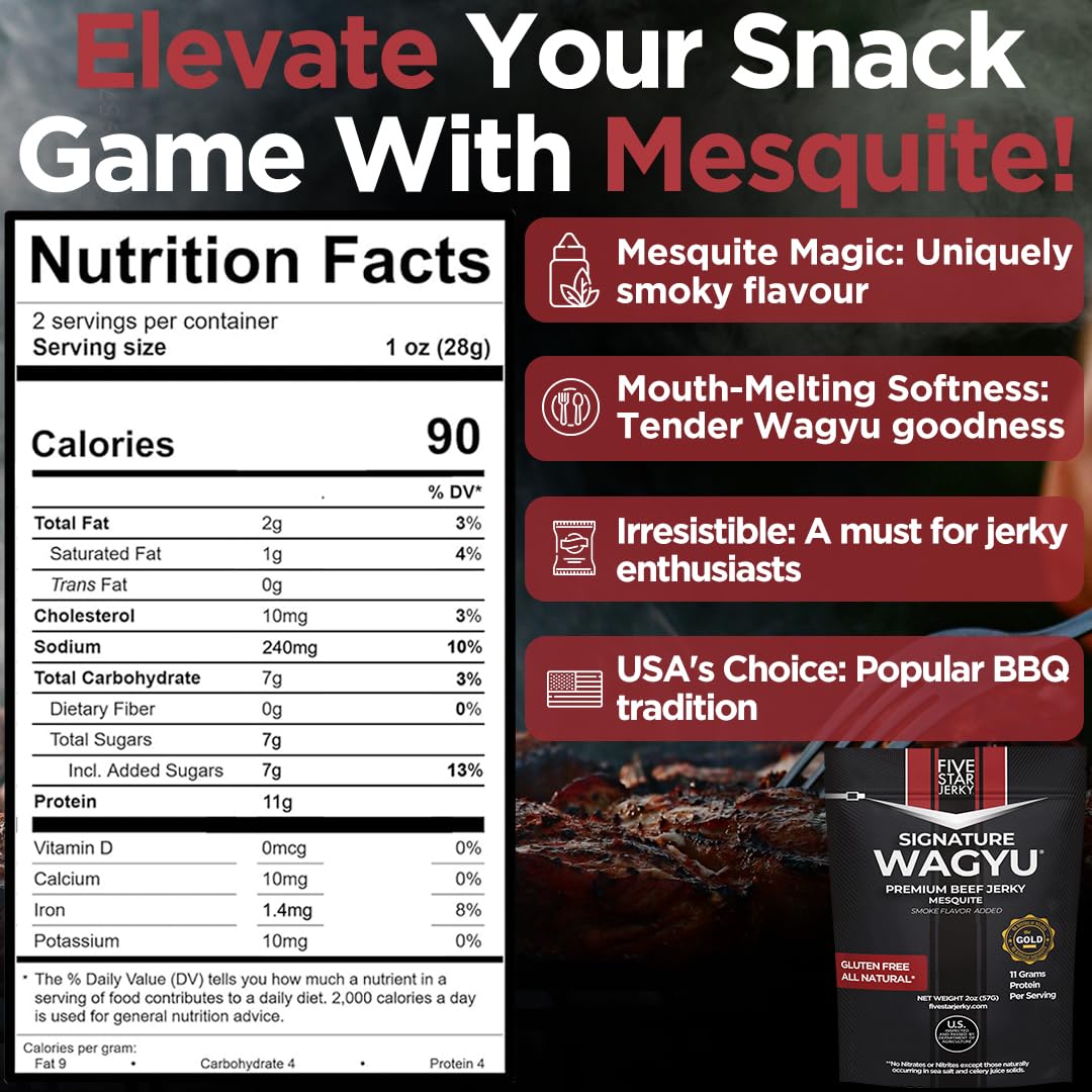Five Star Jerky Wagyu Beef Jerky, Tender & Gourmet, 2oz (Pack of 8), Gluten-Free, Nitrate/Nitrite-Free, No Artificial Ingredients