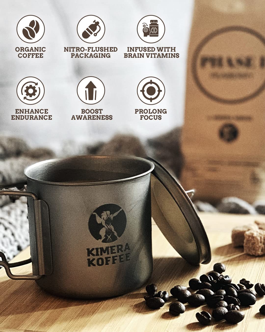 Kimera Koffee Original Blend - Organic Medium Roast Ground Coffee, Vitamin-Infused with Taurine, Alpha GPC, DMAE, L-Theanine for