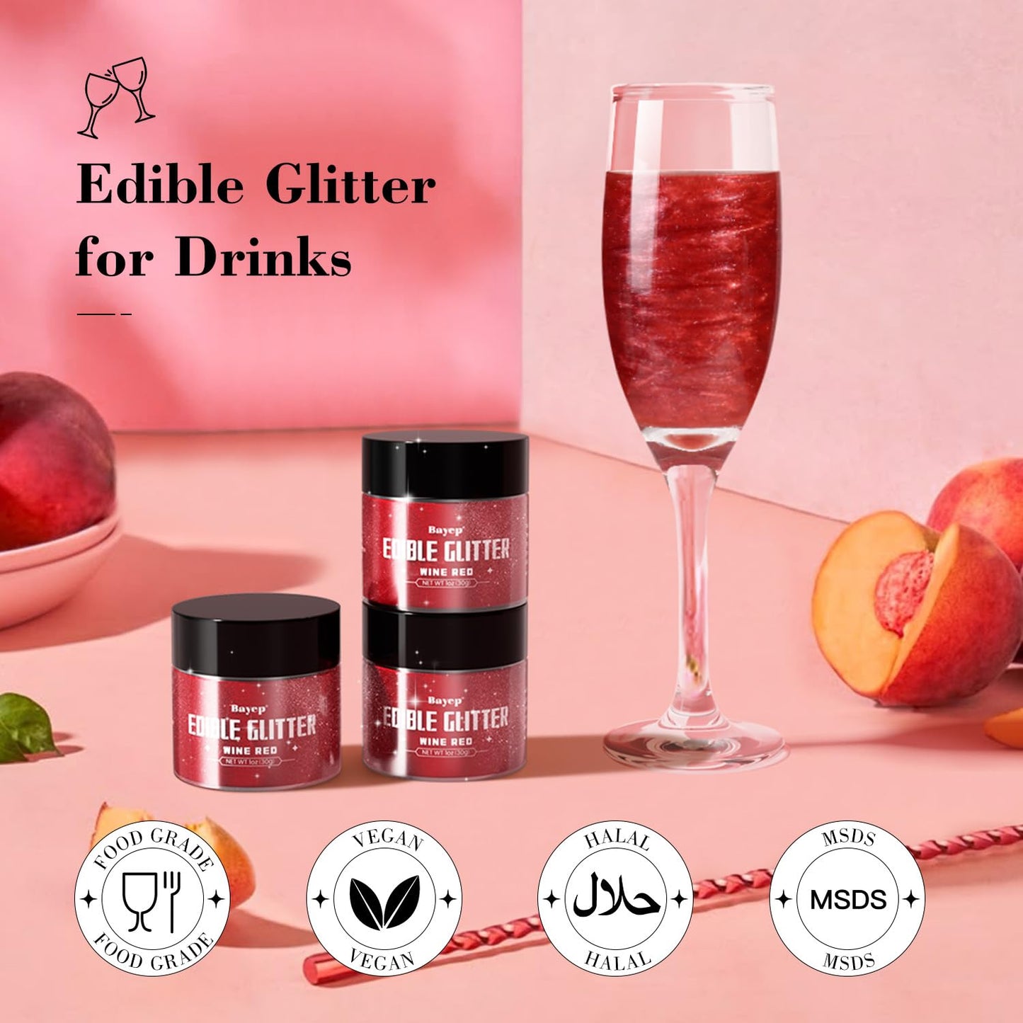 bayep Wine Red Edible Glitter for Drinks, 30g Luster Dust for Cake, Party Supplies