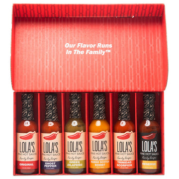 Lolas Fine Hot Sauce 6-Pack Gift Set, Includes Lolas Hot Sauce Original, Green Jalapeo, Ghost Pepper, Trinidad Scorpion, Mango