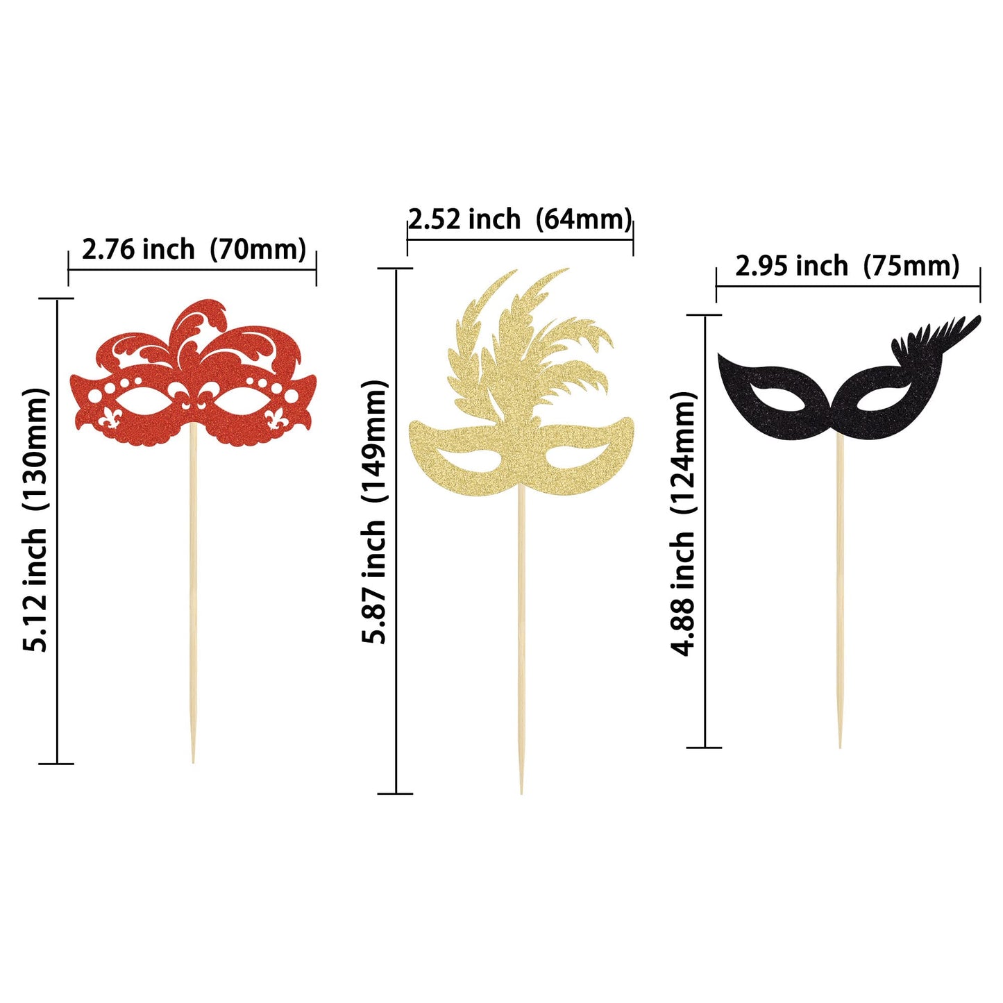Gyufise 24 Pack Masquerade Masks Cupcake Toppers Black Gold Red Glitter Bachelorette Party Mask Cupcake Picks Mardi Gras Party B