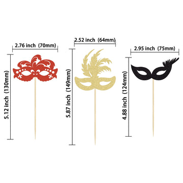 Gyufise 24 Pack Masquerade Masks Cupcake Toppers Black Gold Red Glitter Bachelorette Party Mask Cupcake Picks Mardi Gras Party B