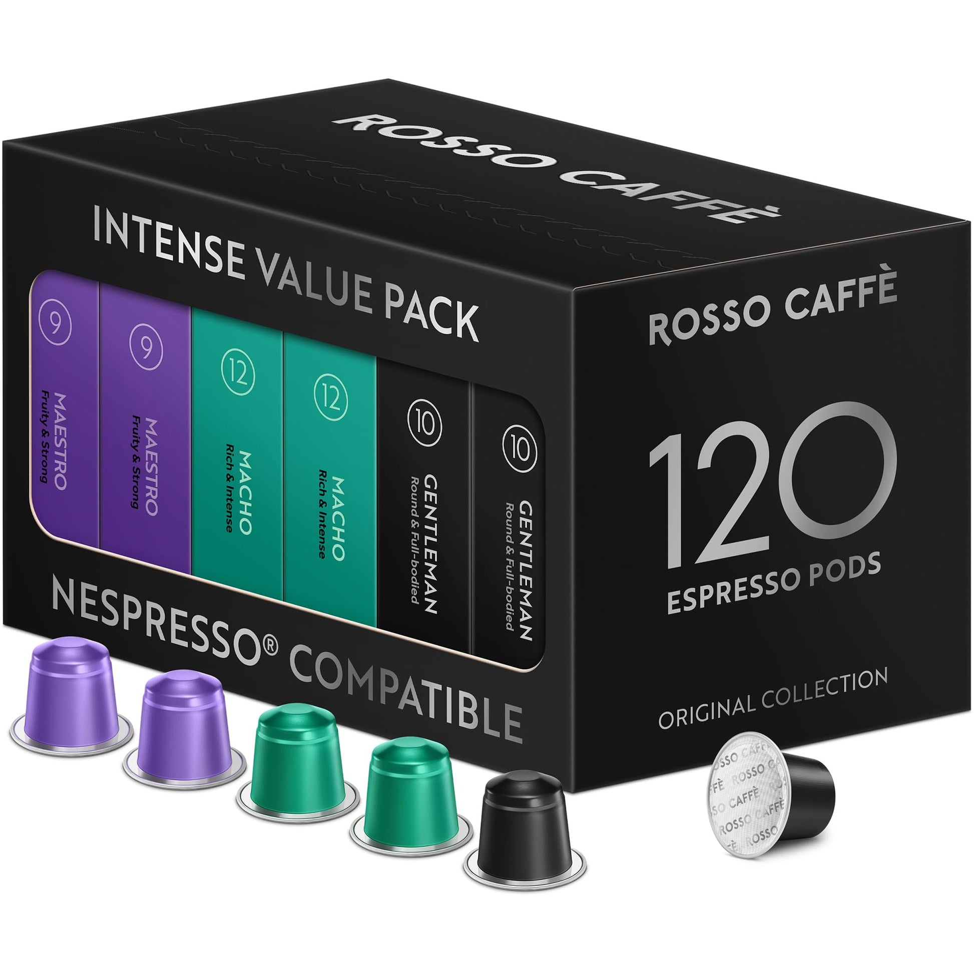 ROSSO CAFFÈ Espresso Coffee Pods for Nespresso Original - Intense Pack of 12, 10 Count, Dark Roast Flavors, Intensity 9-12
