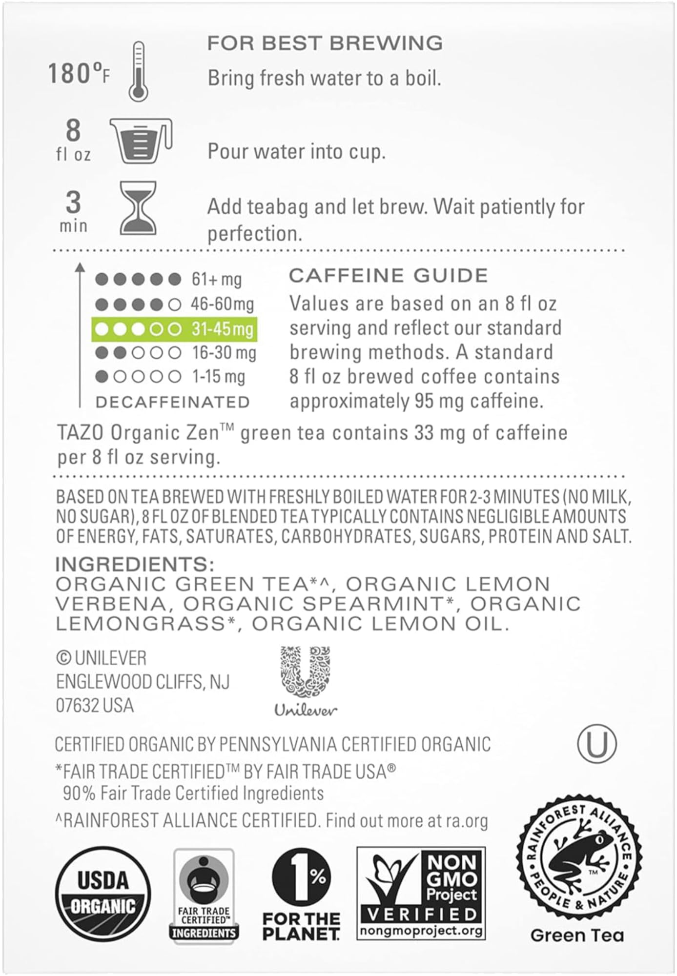 TAZO Green Tea Bags, Regenerative Organic Zen Tea, 36 Count, Model 68814413