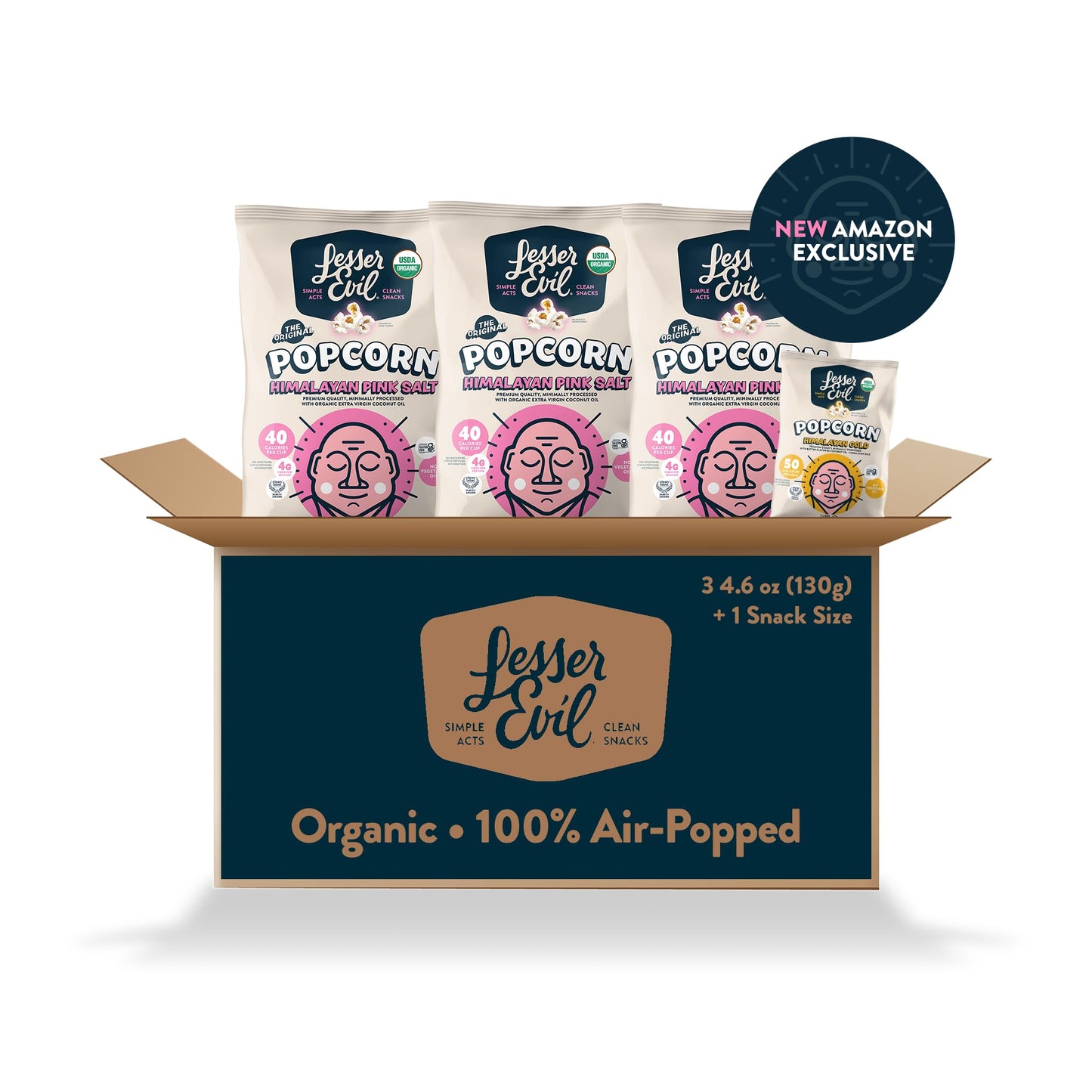 Lesserevil Himalayan Pink Salt & Gold Organic Popcorn, 4.6 oz (Pack of 3) + 0.46 oz Snack Bag, Variety