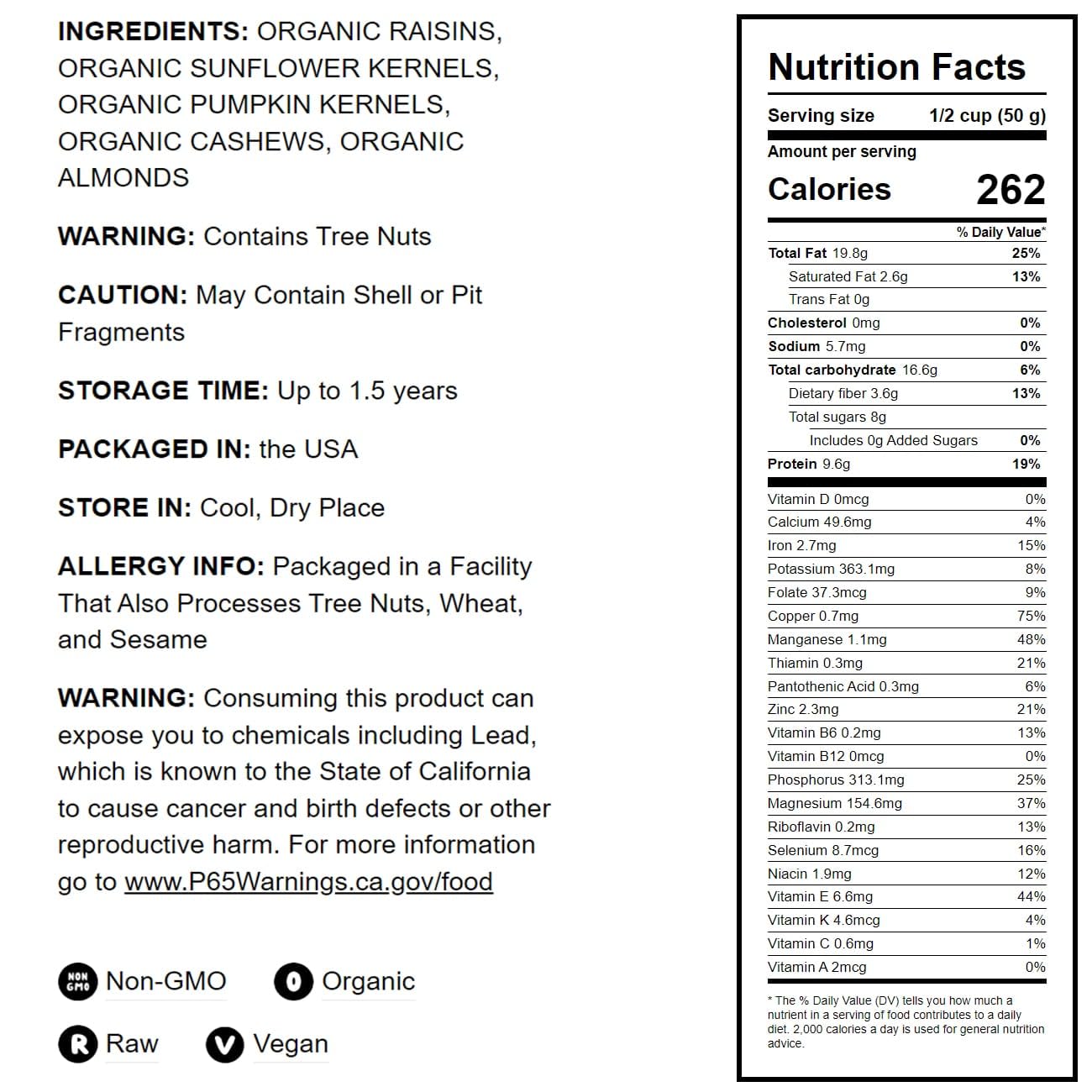Food To Live Organic Raw Seeds, Nuts And Raisins Mix, 8 Ounces - Raw, Non-Gmo Trail Mix Contains Almonds, Cashews, Pumpkin Seeds
