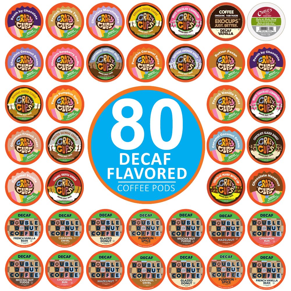 Crazy Cups Flavored Decaf Coffee Pods Variety Pack, 80 Count, Compatible with Keurig K Cups, Assorted Sampler