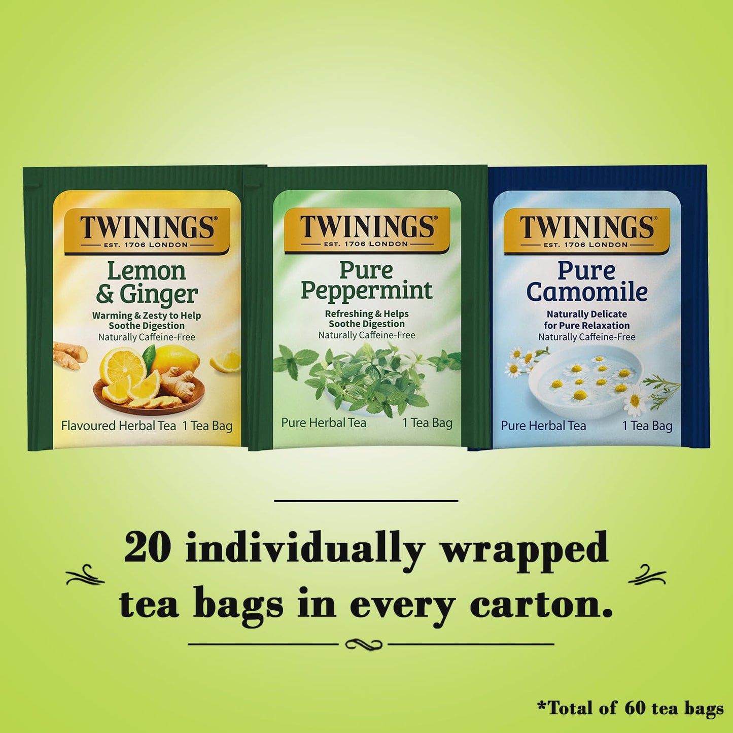 Twinings Herbal Tea Variety Pack - Pure Peppermint, Pure Camomile & Lemon Ginger - 20 Count Each (Pack of 3) - Caffeine-Free