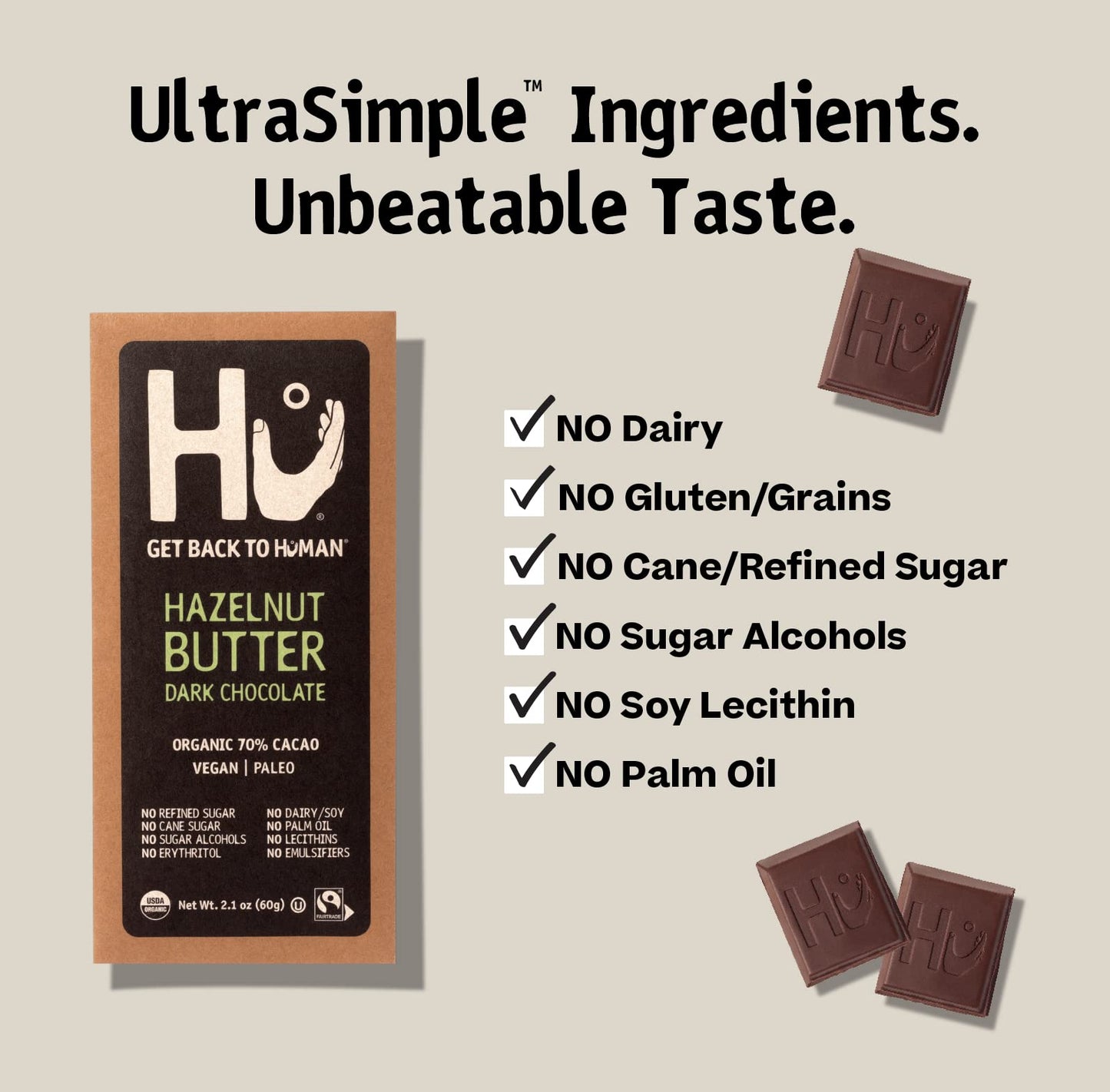 Hu Chocolate Bars | 6 Pack Hazelnut Butter Chocolate | Natural Organic Vegan, Gluten Free, Paleo, Non Gmo, Fair Trade Dark Choco