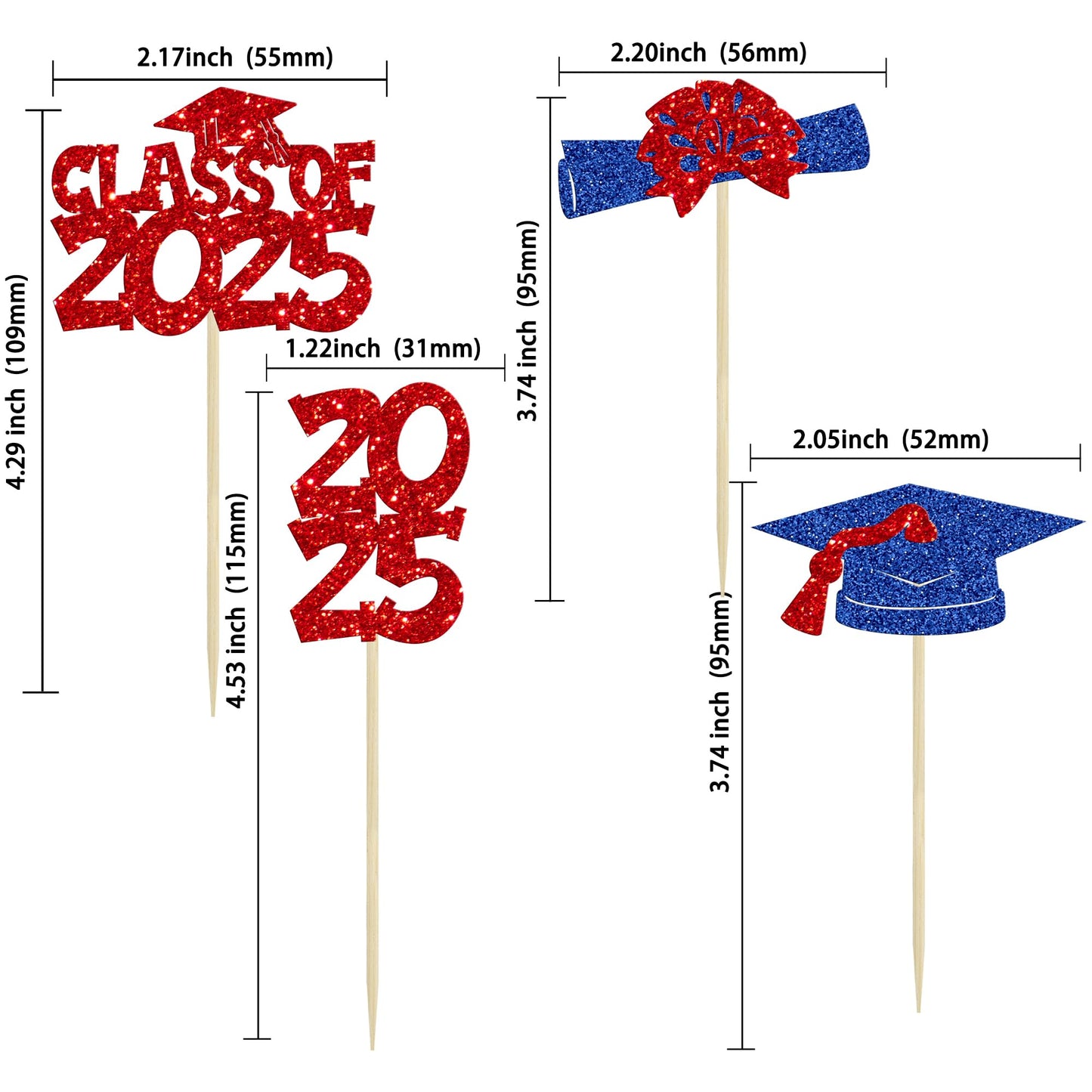 Ephlyn Graduation Cupcake Toppers, 36 Pcs, Glitter, Class of 2025, Red Blue, Cake Decorations for Graduation Theme Party