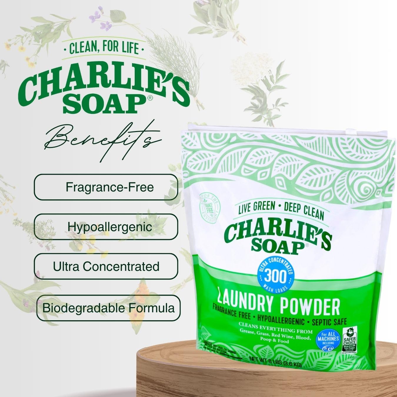 Charlies Soap Hypoallergenic Laundry Detergent Powder 8Lb Bag, Pack Of 4 (1200 Loads Total) Fragrance Free Plant Based Deep Clea