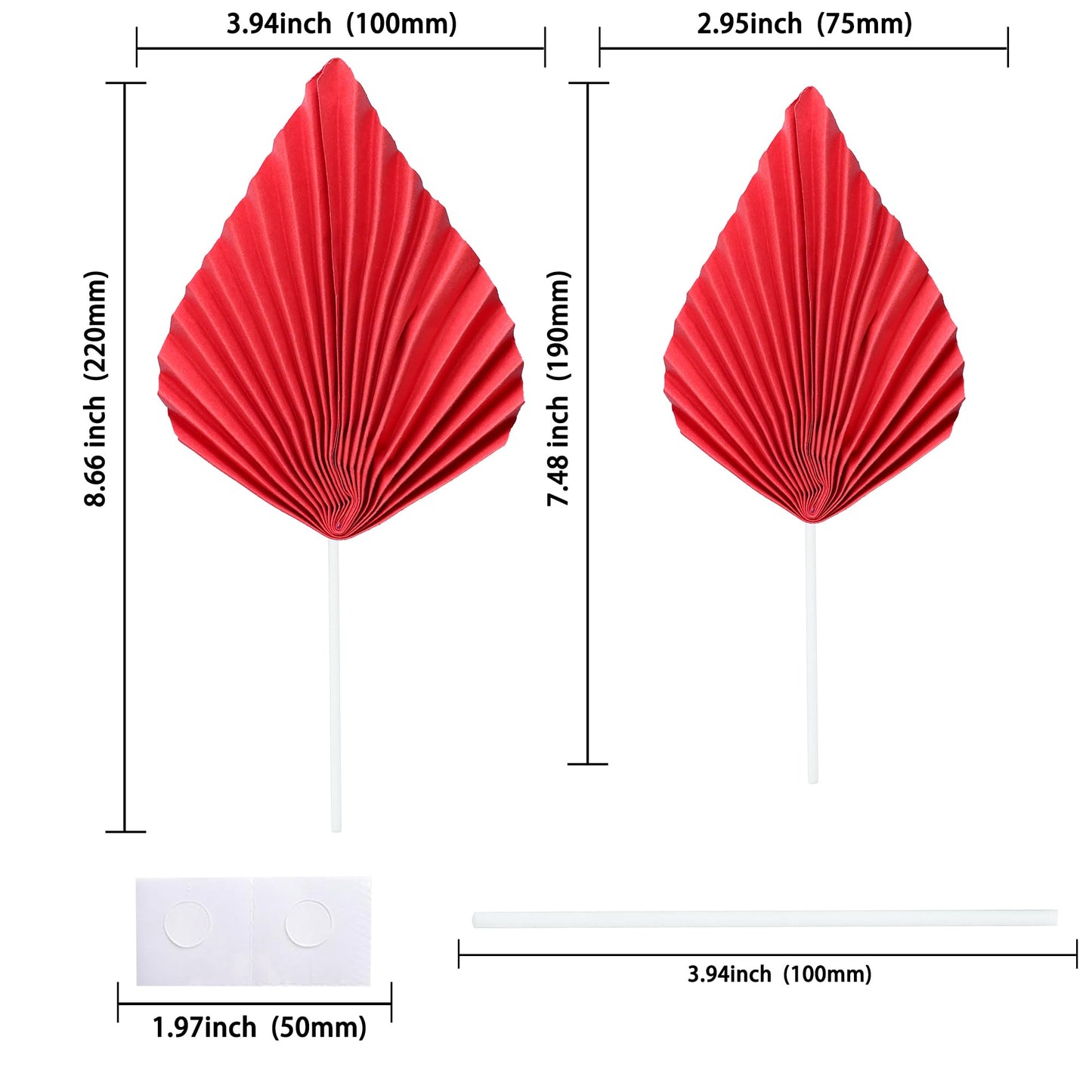 Gyufise Paper Palm Fan Cake Toppers, Red, 4.7x5.1 inches, Model ZN0680-2, Ideal for Birthday and Wedding Party Decorations