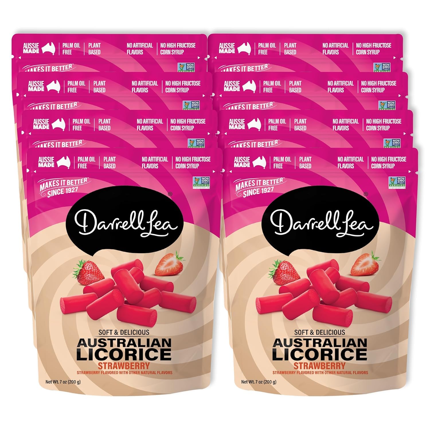 Darrell Lea Soft Licorice Candy, Strawberry Flavor, Non-GMO, 7 Ounce Bag, Red