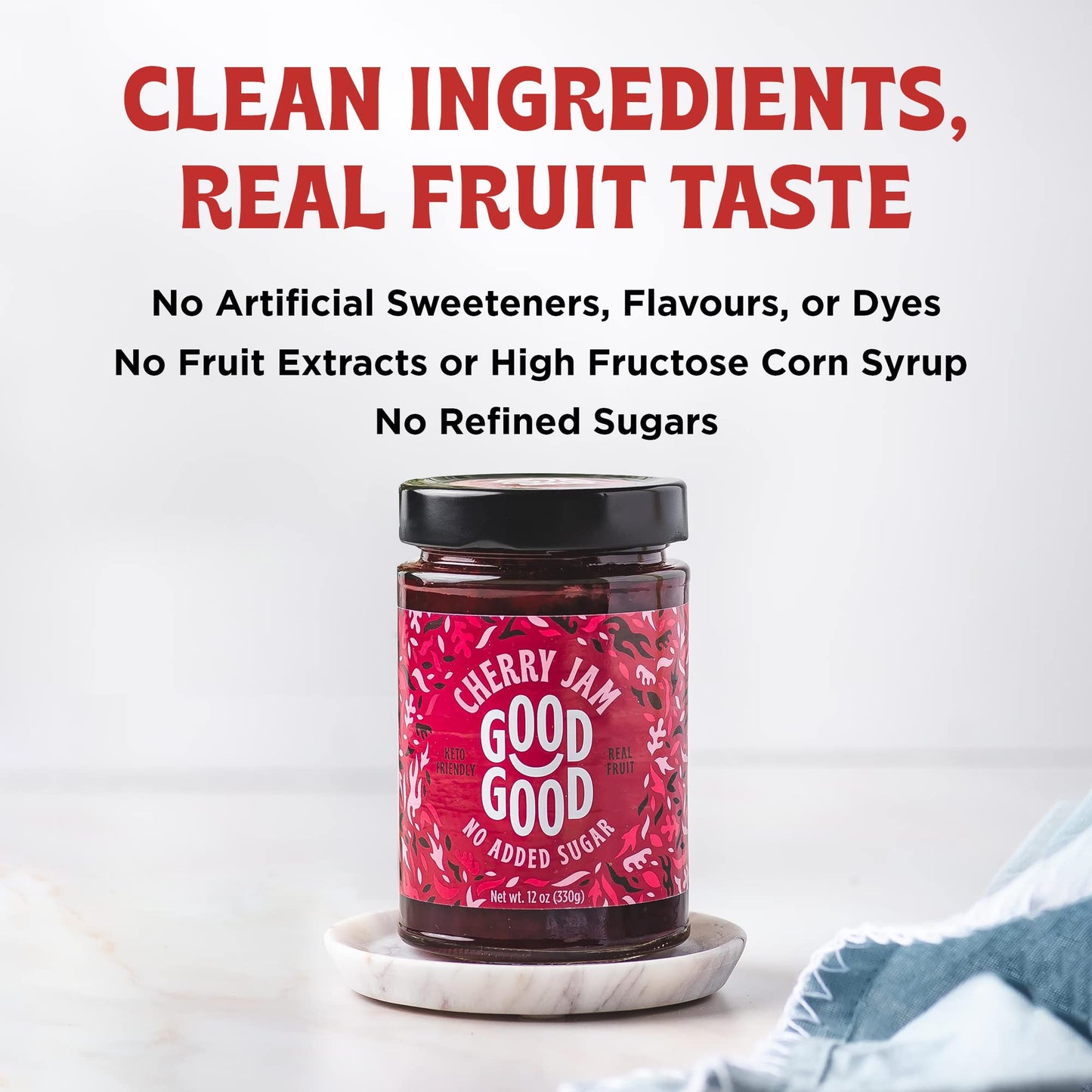 Good Good Cherry Jam, No Added Sugar, Low Calorie, Gluten Free, Vegan, 12oz / 330g, Pack of 1