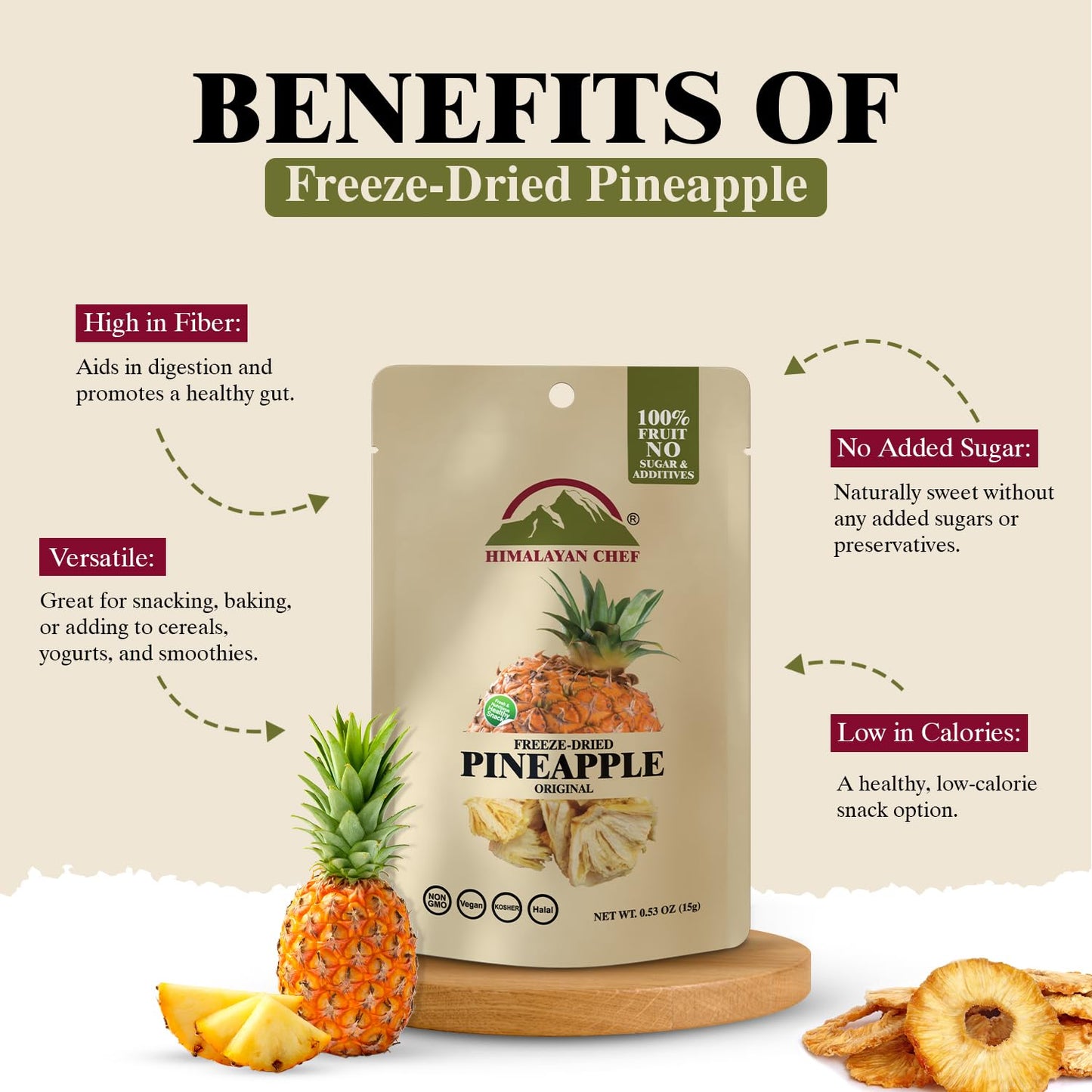 Himalayan Chef Freeze-Dried Fruit - 15g/Each Freeze-Dried Pineapple | Organic Fruit Snacks, Healthy Snacks for Kids & Adults | D