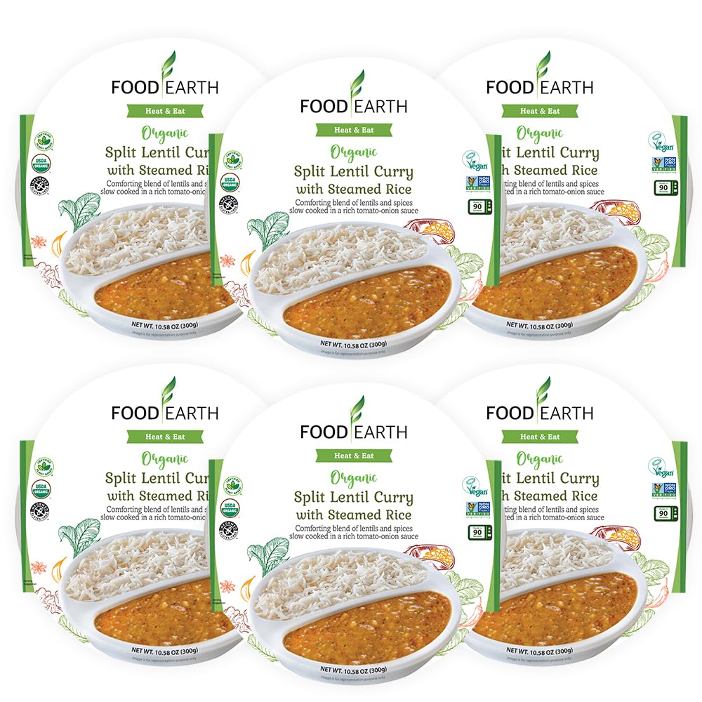 Food Earth Ready to Eat Indian Cuisine - Split Lentil Curry with Steamed Rice - Microwavable, Organic, Vegan, Gluten-Free, GMO-F