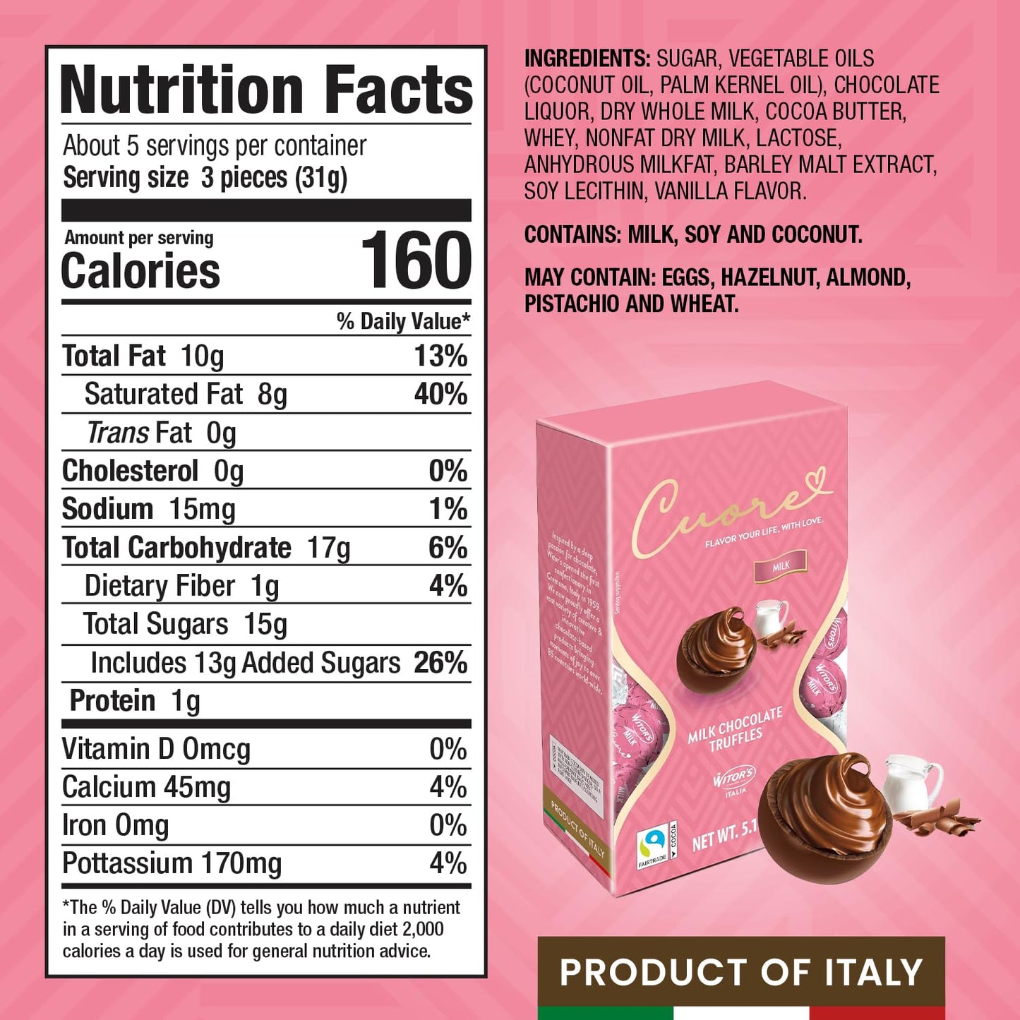 WITORS Cuore Chocolate Truffles, Creamy Filling, Milk Chocolate, 5.11 Ounce