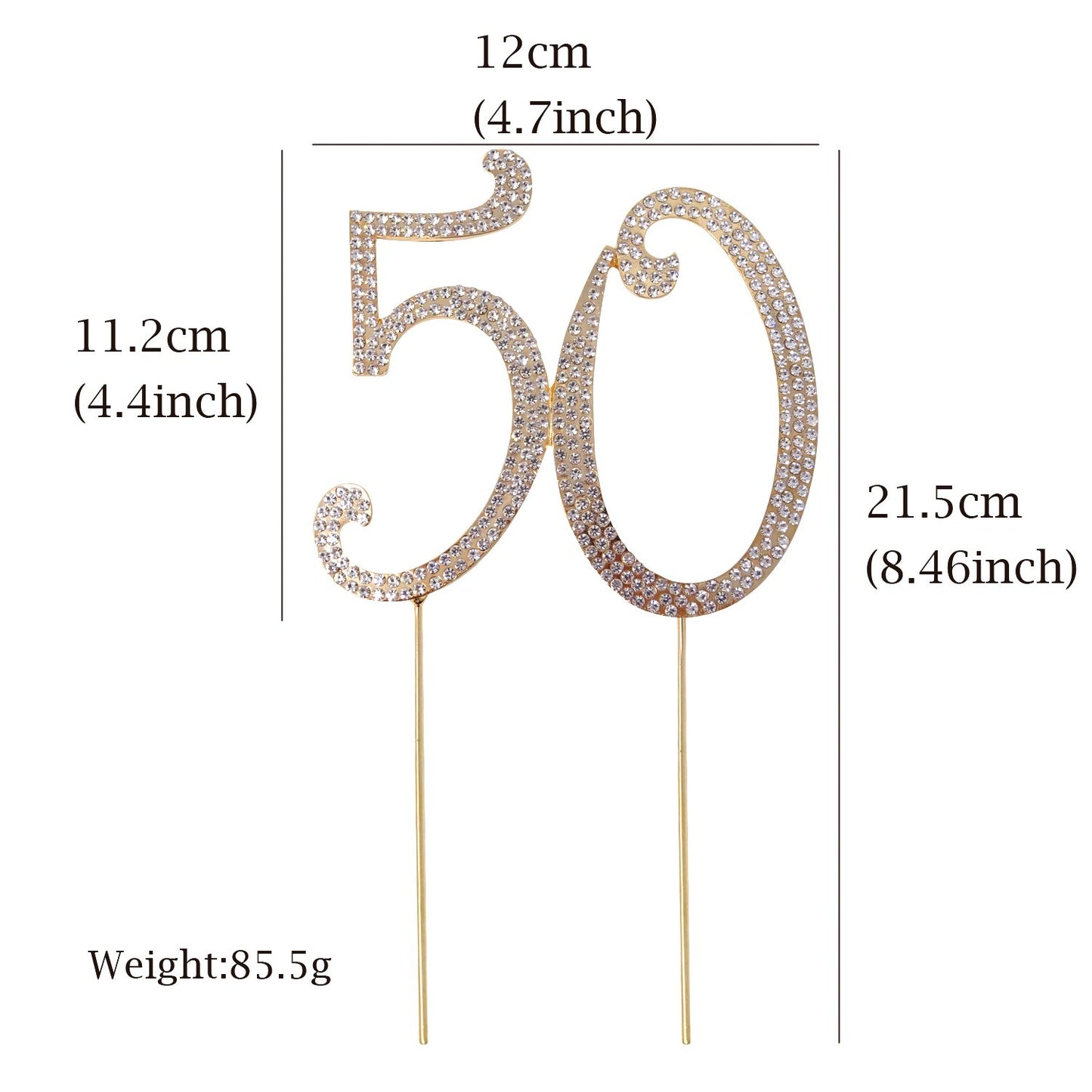 Honbay 50th Birthday Cake Topper, Sparkly Bling Alloy Crystal Rhinestones, Gold
