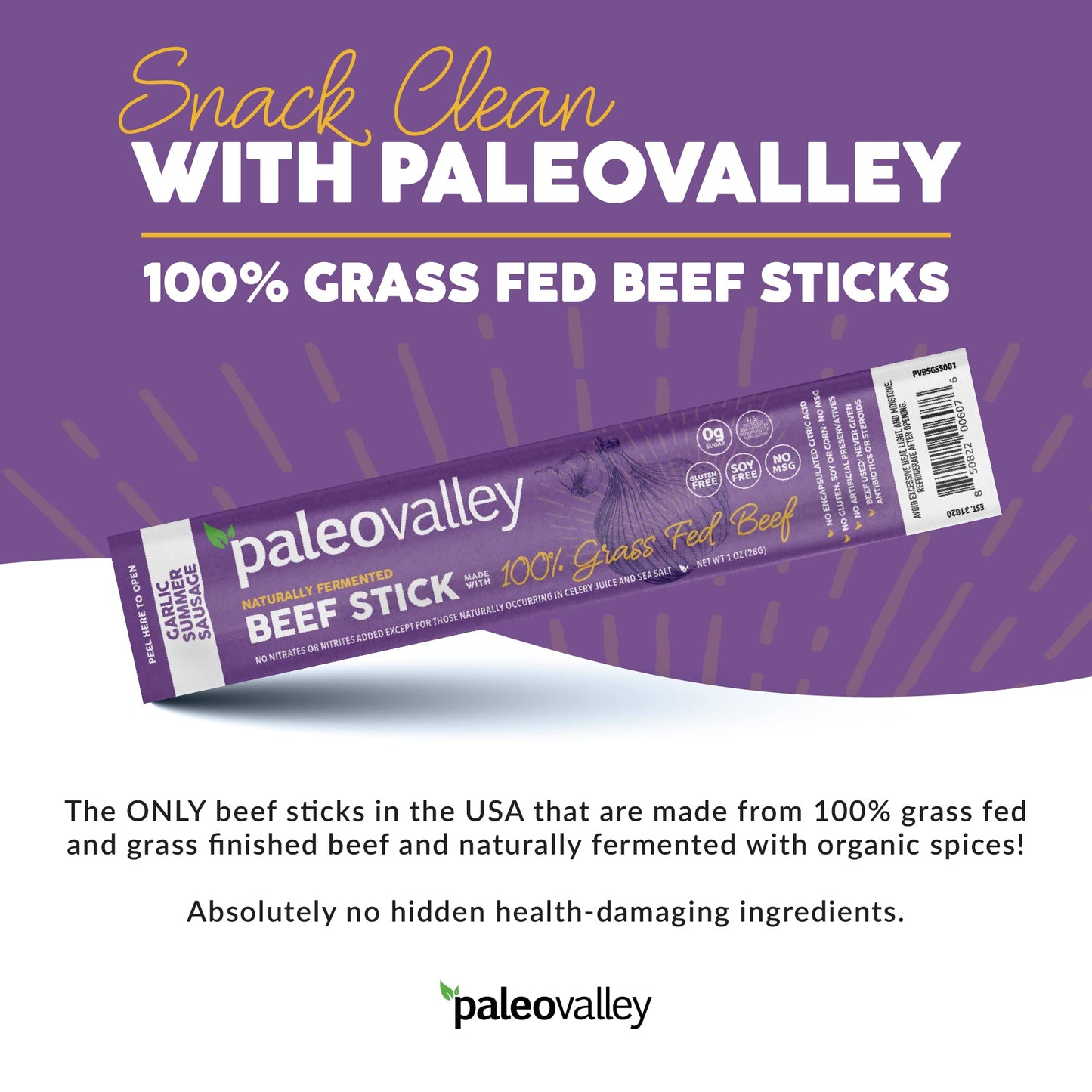 Paleovalley 100% Grass Fed Garlic Summer Sausage Beef Sticks - Delicious Gluten Free Beef Snack - High Protein Keto Friendly